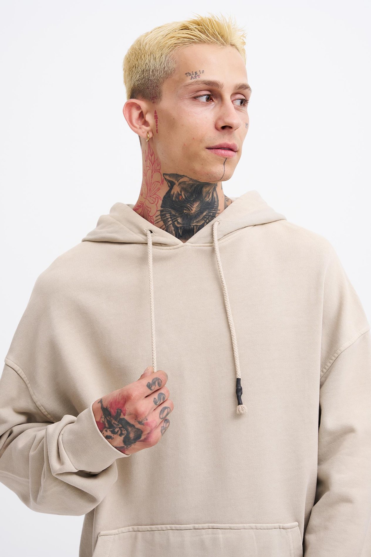 Erkek Basic Solid Kapüşonlu Oversize Yıkamalı Açık Bej Sweatshirt