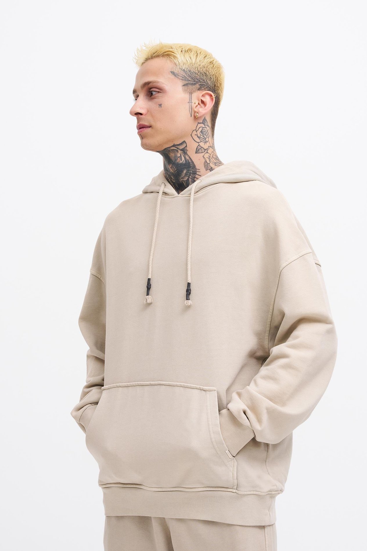 Erkek Basic Solid Kapüşonlu Oversize Yıkamalı Açık Bej Sweatshirt