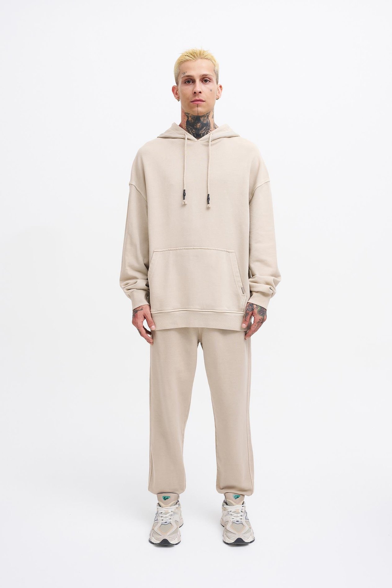 Erkek Basic Solid Kapüşonlu Oversize Yıkamalı Açık Bej Sweatshirt