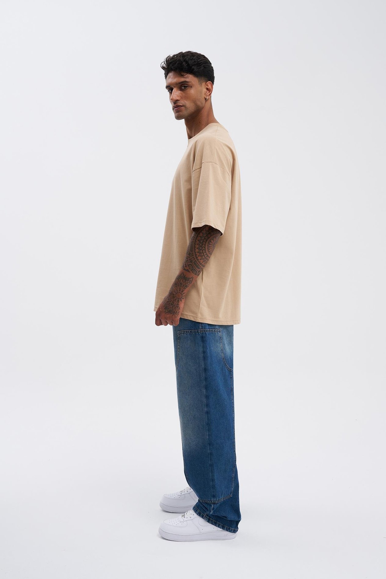 Erkek Basic Super Pamuklu Oversize Bej Tişört