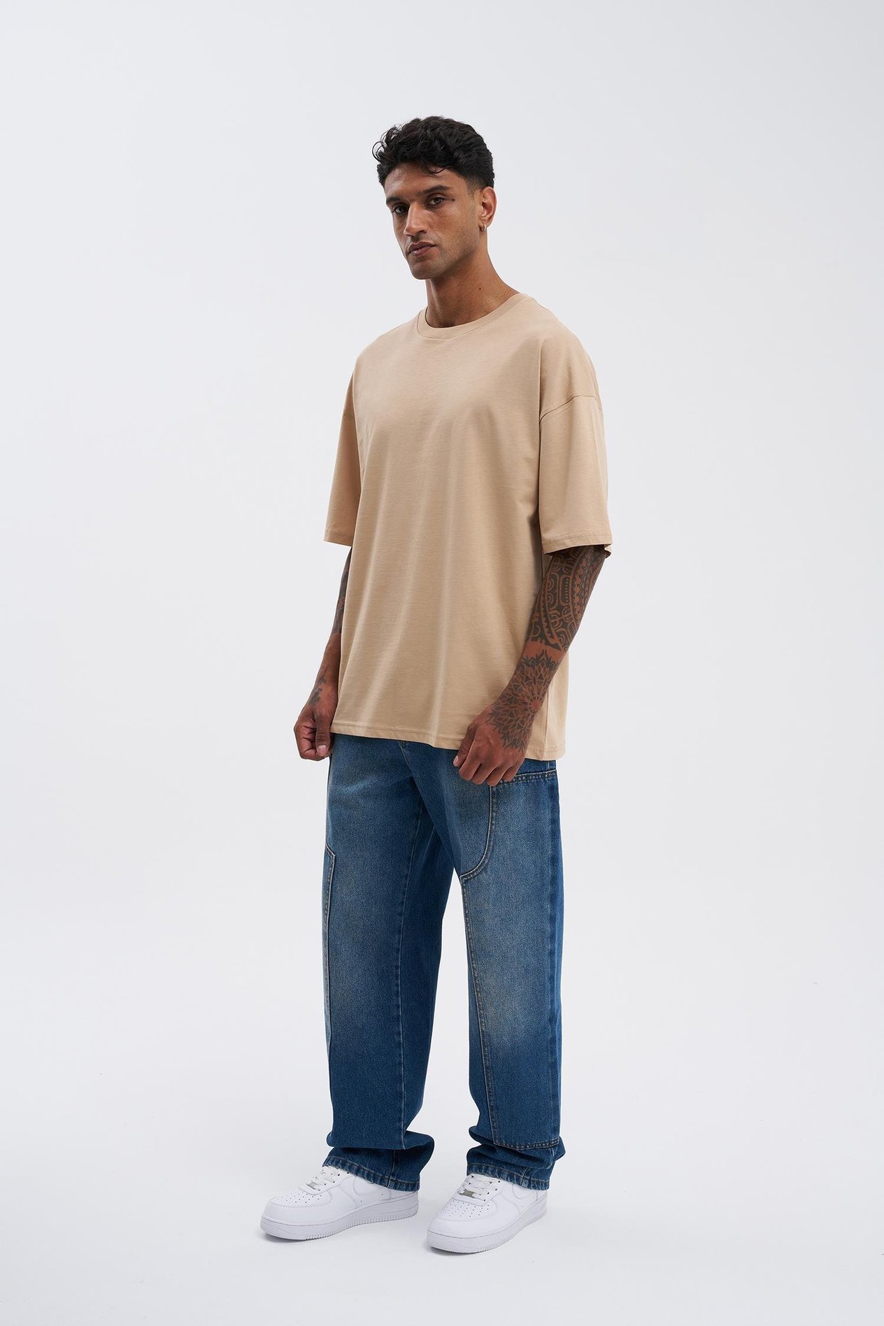 Erkek Basic Super Pamuklu Oversize Bej Tişört