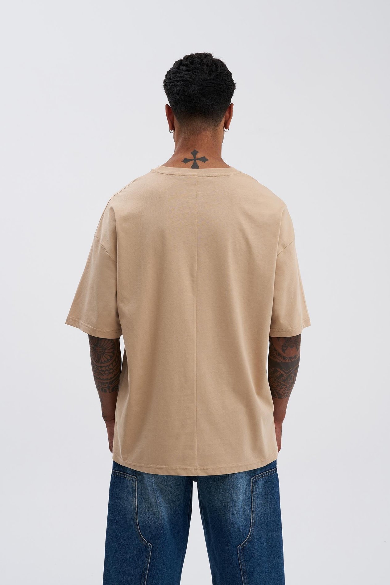 Erkek Basic Super Pamuklu Oversize Bej Tişört