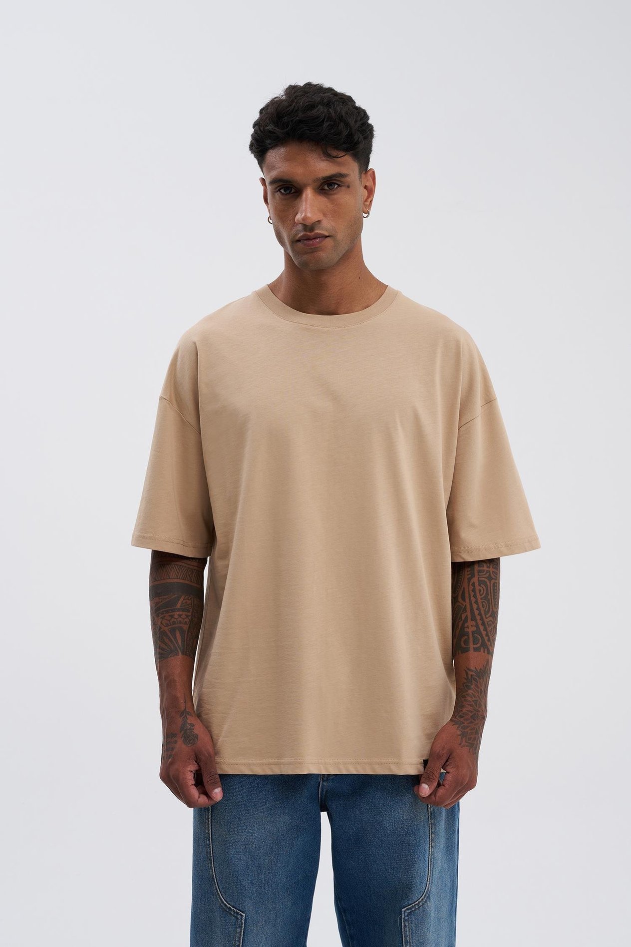 Erkek Basic Super Pamuklu Oversize Bej Tişört
