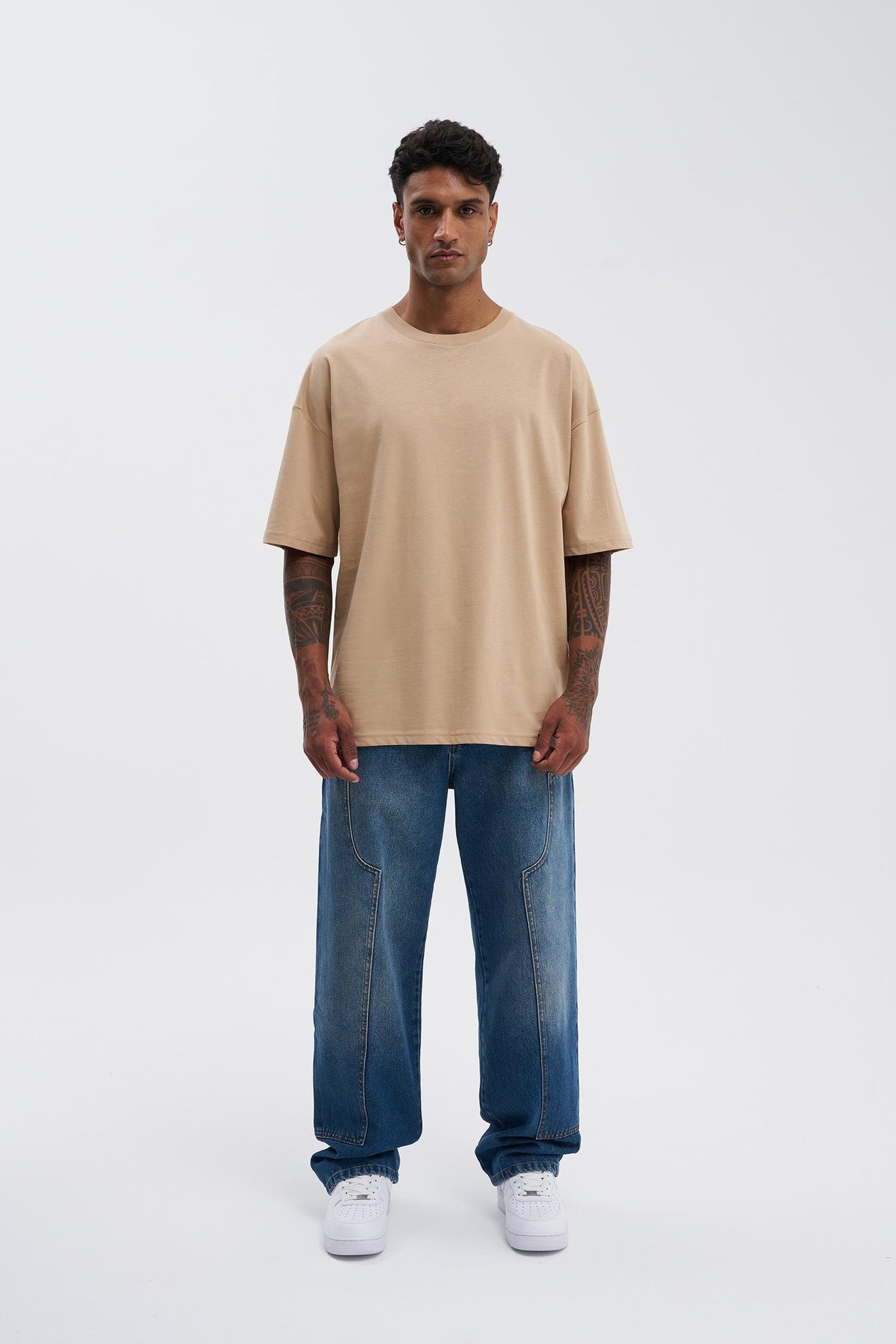 Erkek Basic Super Pamuklu Oversize Bej Tişört