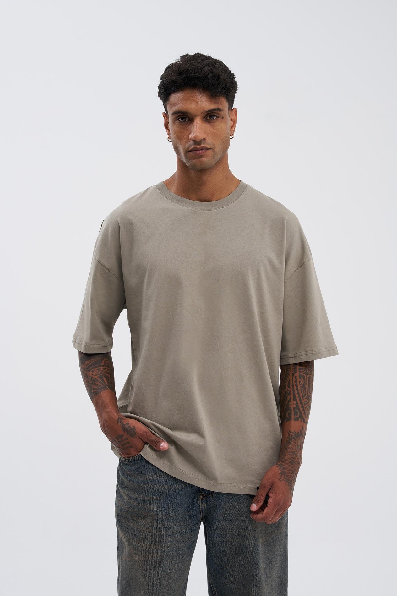 Erkek Basic Super Pamuklu Oversize Haki Tişört