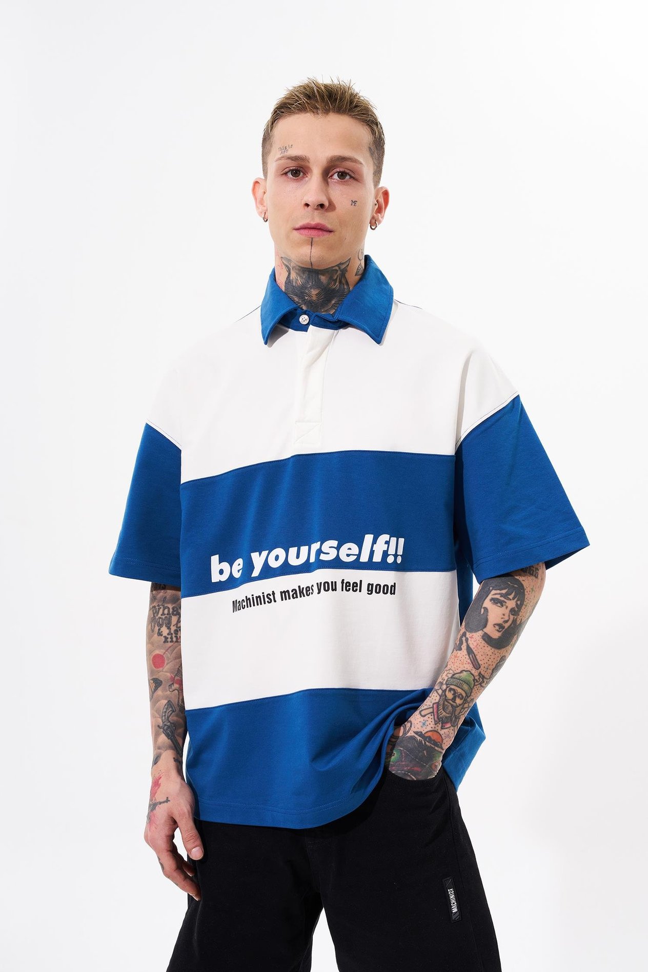Erkek Be Yourself Polo Yaka Oversize İndigo Tişört