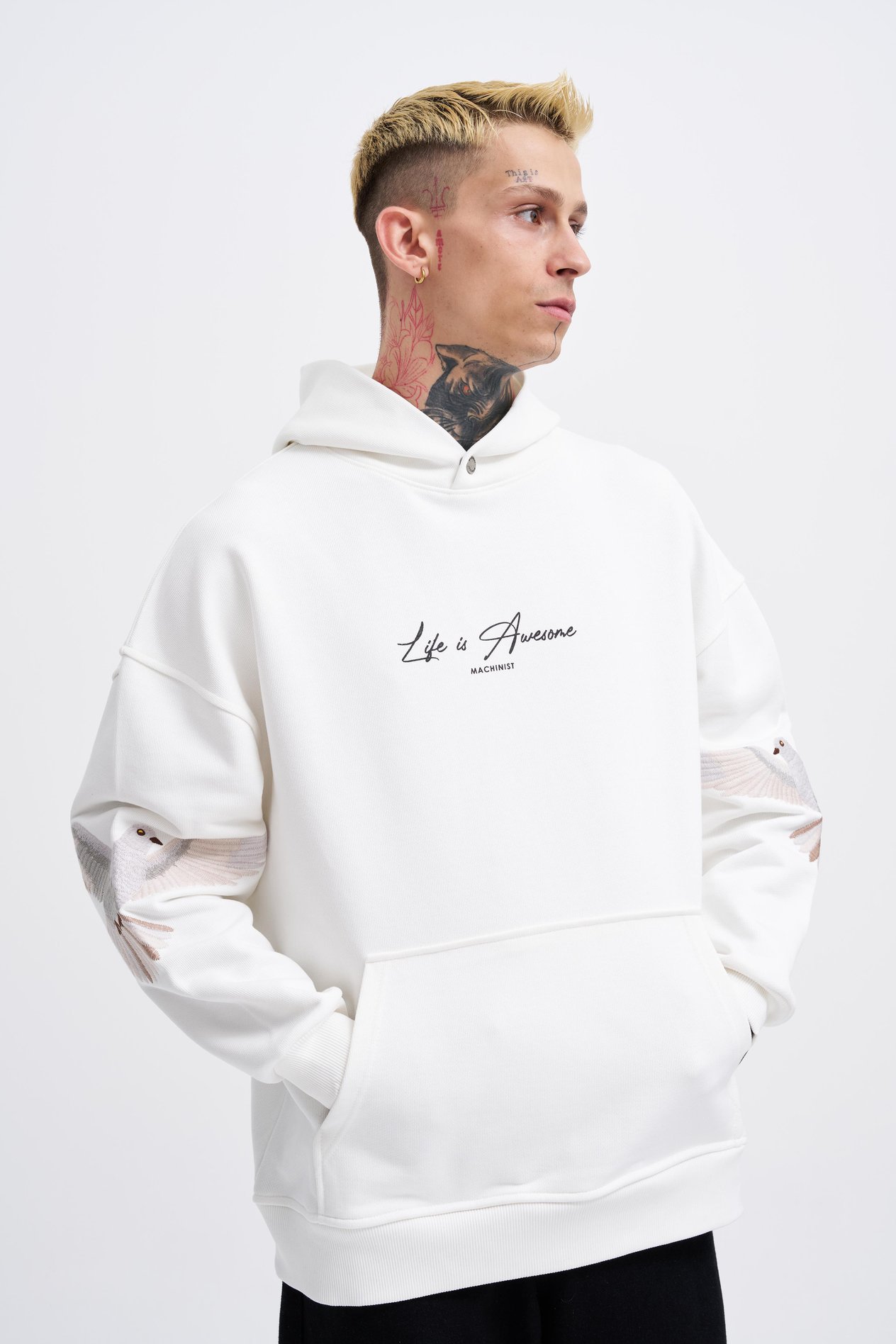 Erkek Birds Embroidered Hoodie ECRU