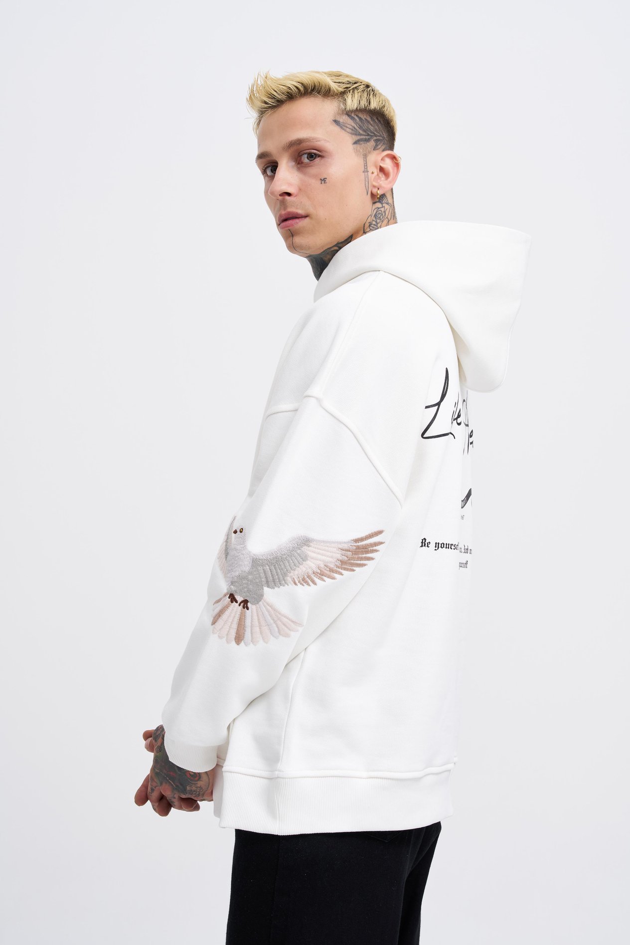 Erkek Birds Embroidered Hoodie ECRU
