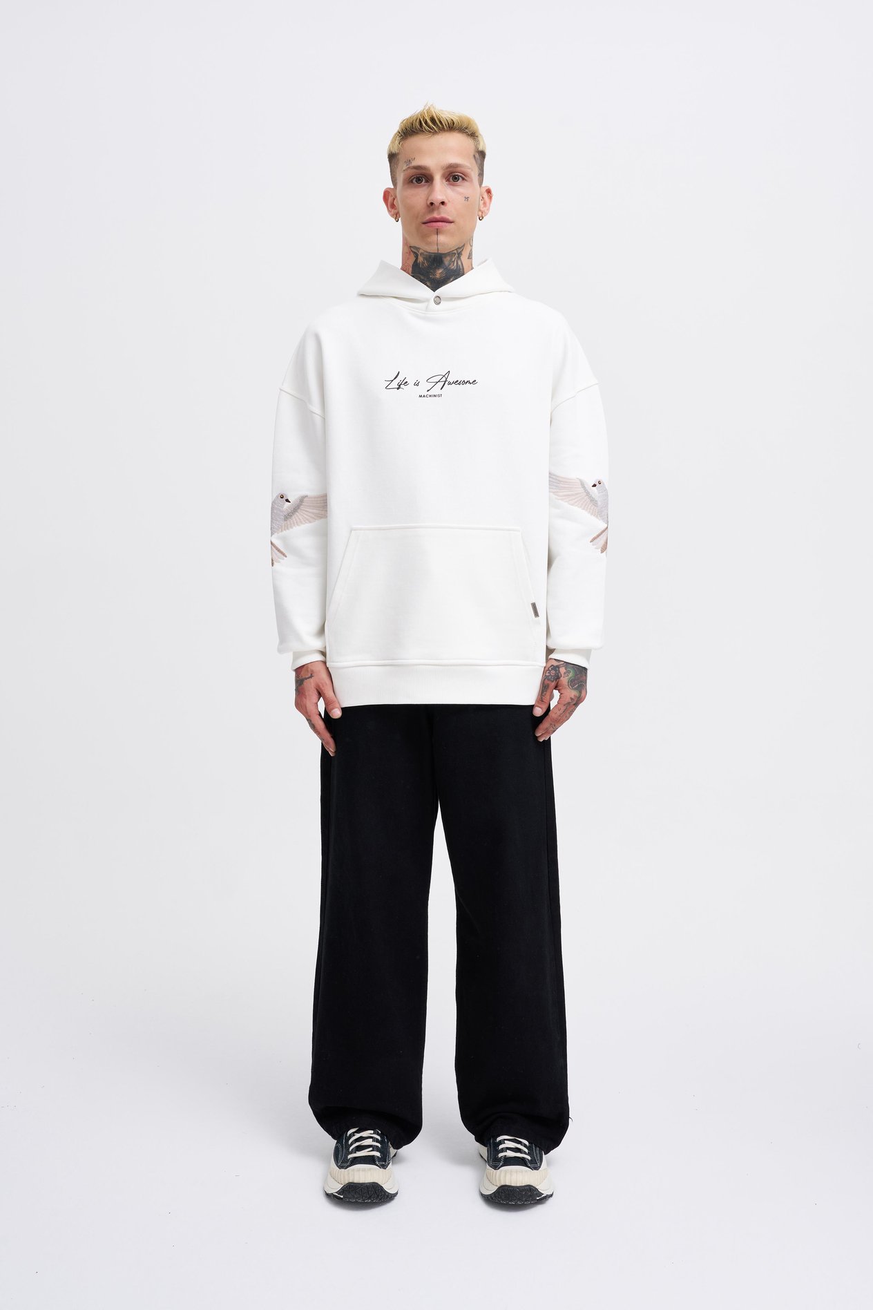 Erkek Birds Embroidered Hoodie ECRU