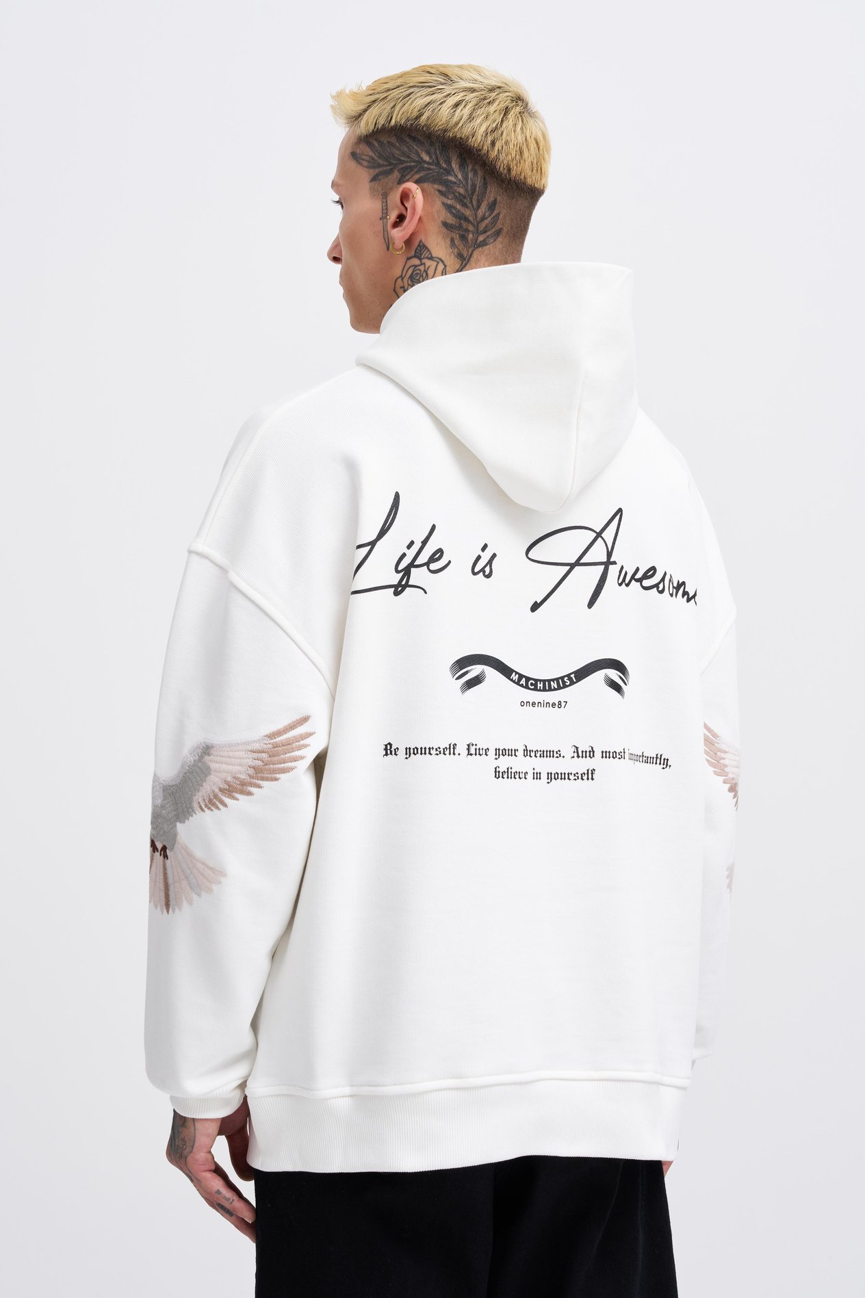 Erkek Birds Embroidered Hoodie ECRU
