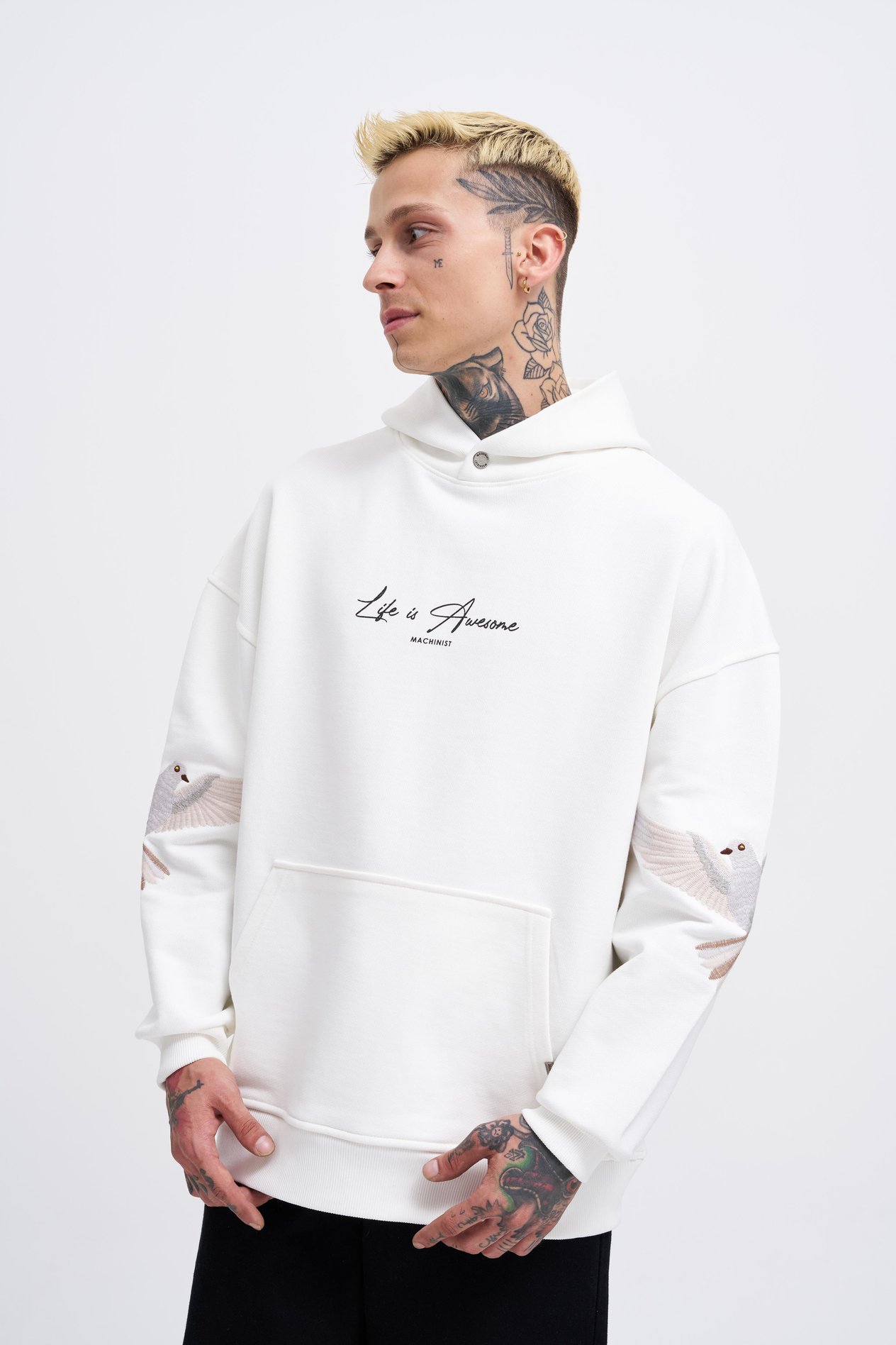 Erkek Birds Embroidered Hoodie ECRU