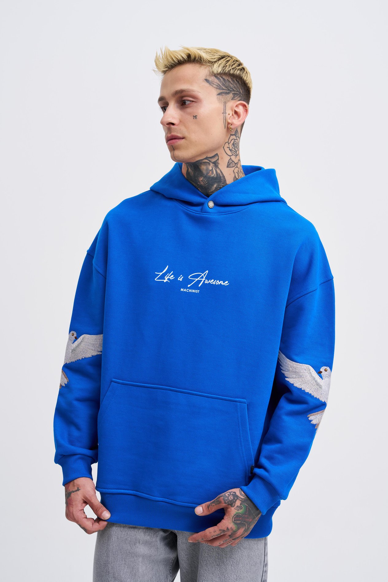 Erkek Birds Embroidered Açık Mavi Hoodie