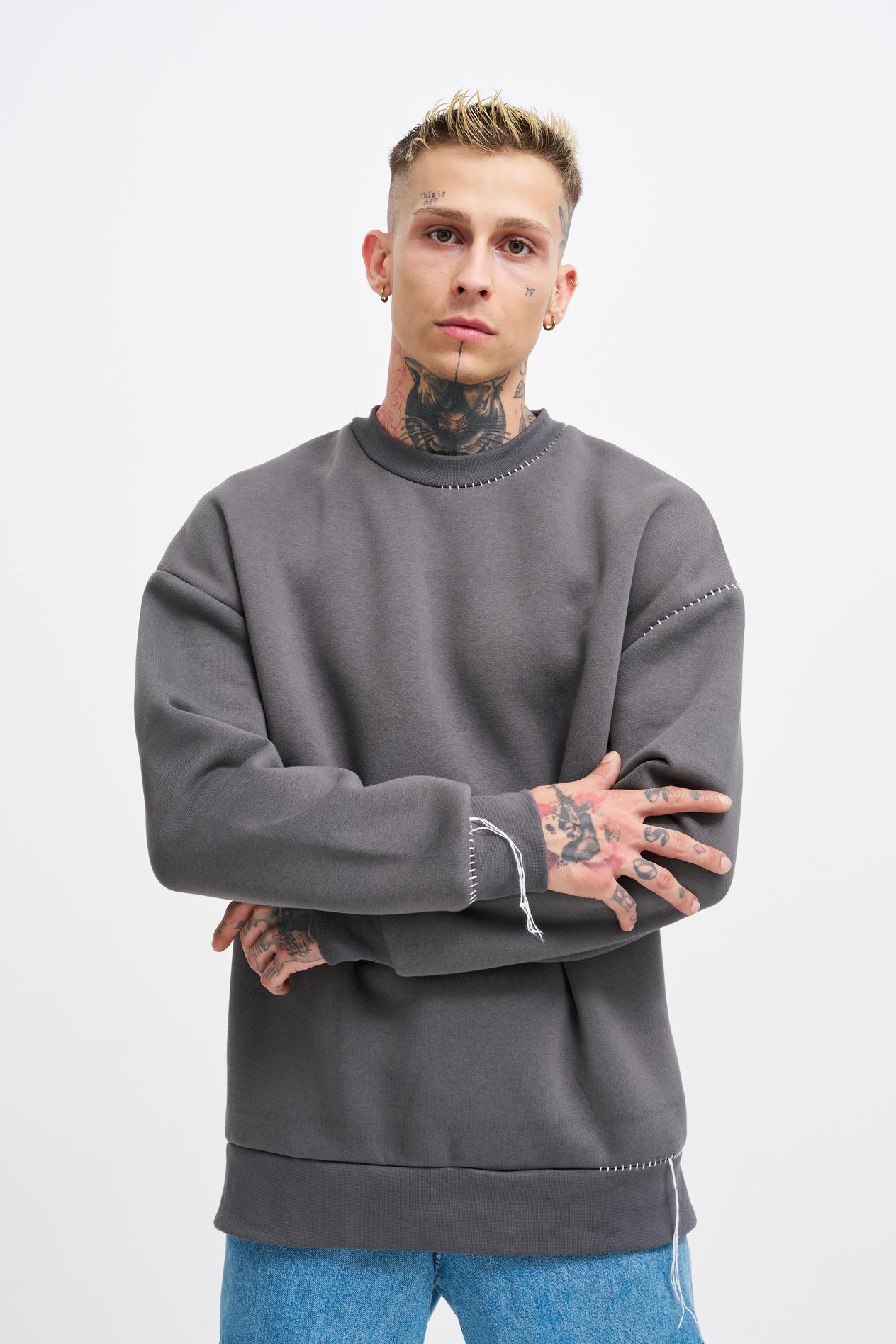 Erkek Blanket Stitch Sweatshirt ASPHALT