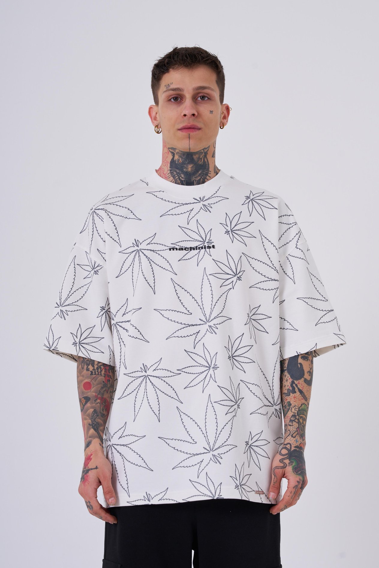 Erkek Cannabis Leaf Baskılı Oversize Ekru Tişört