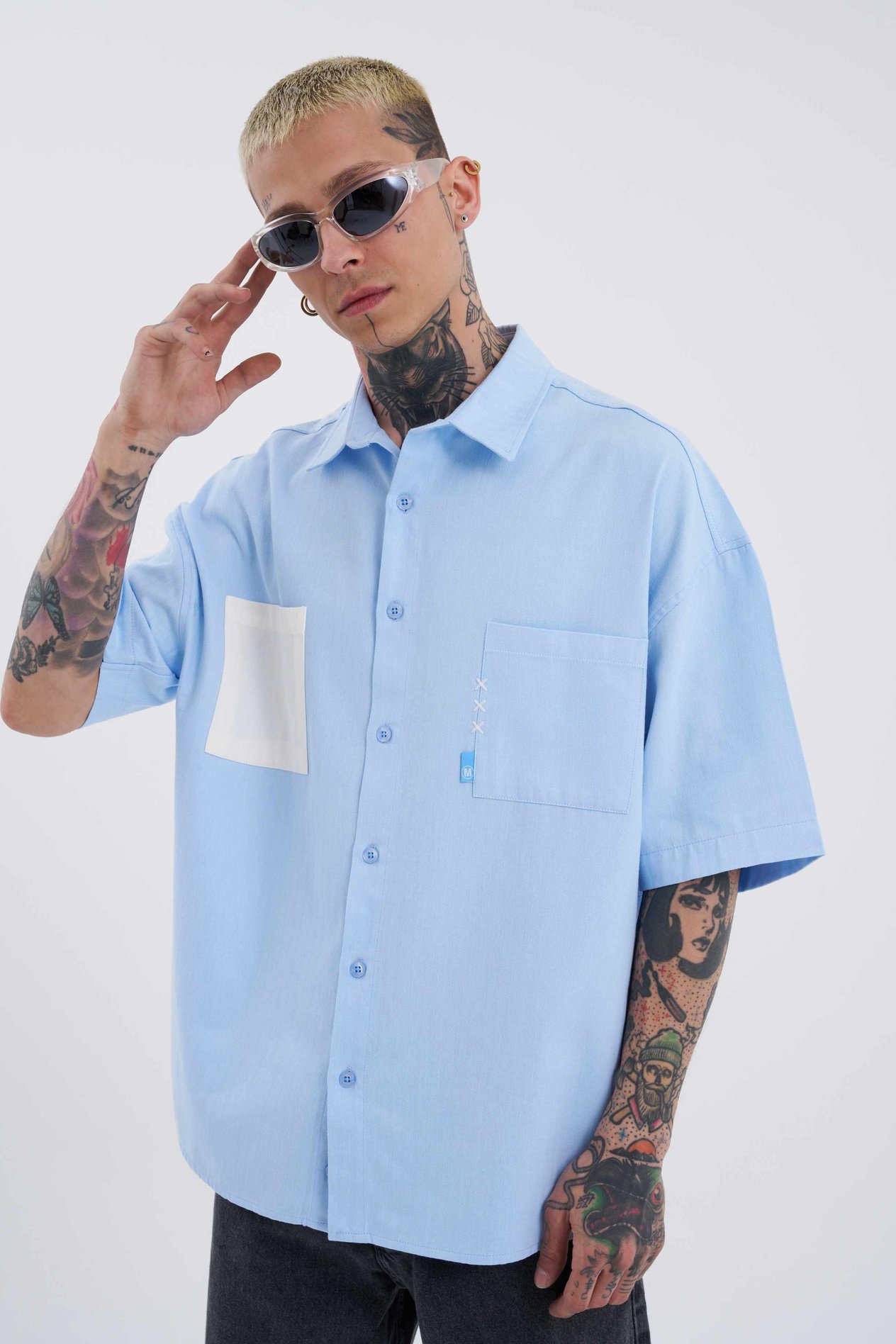 Erkek Cepli Basic Oversize Açık Mavi Gömlek