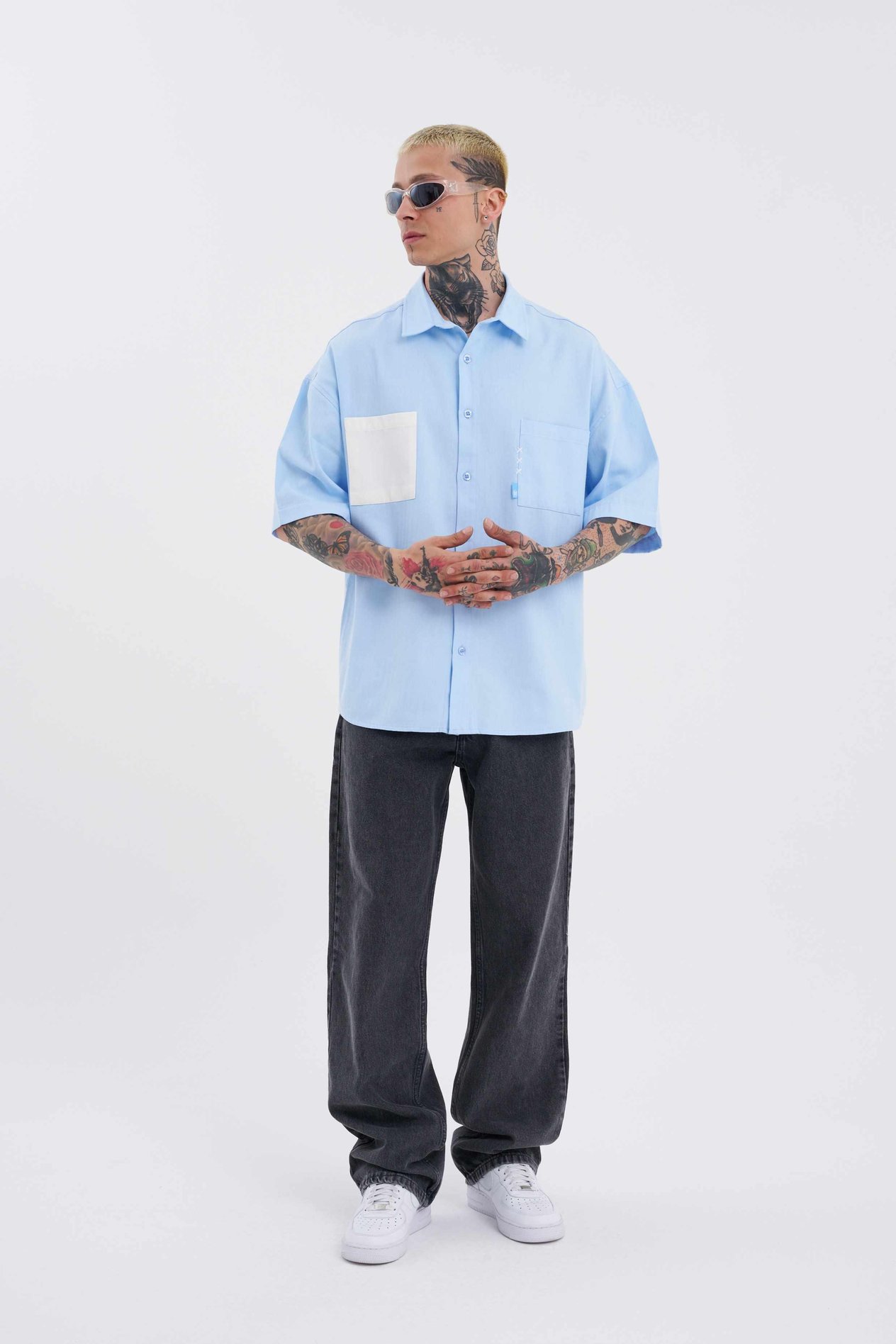 Erkek Cepli Basic Oversize Açık Mavi Gömlek