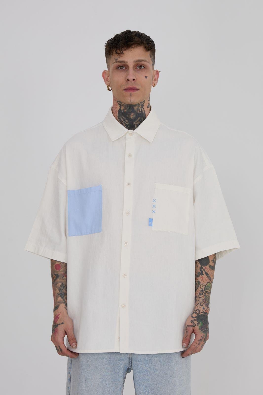 Erkek Cepli Basic Oversize Beyaz Gömlek