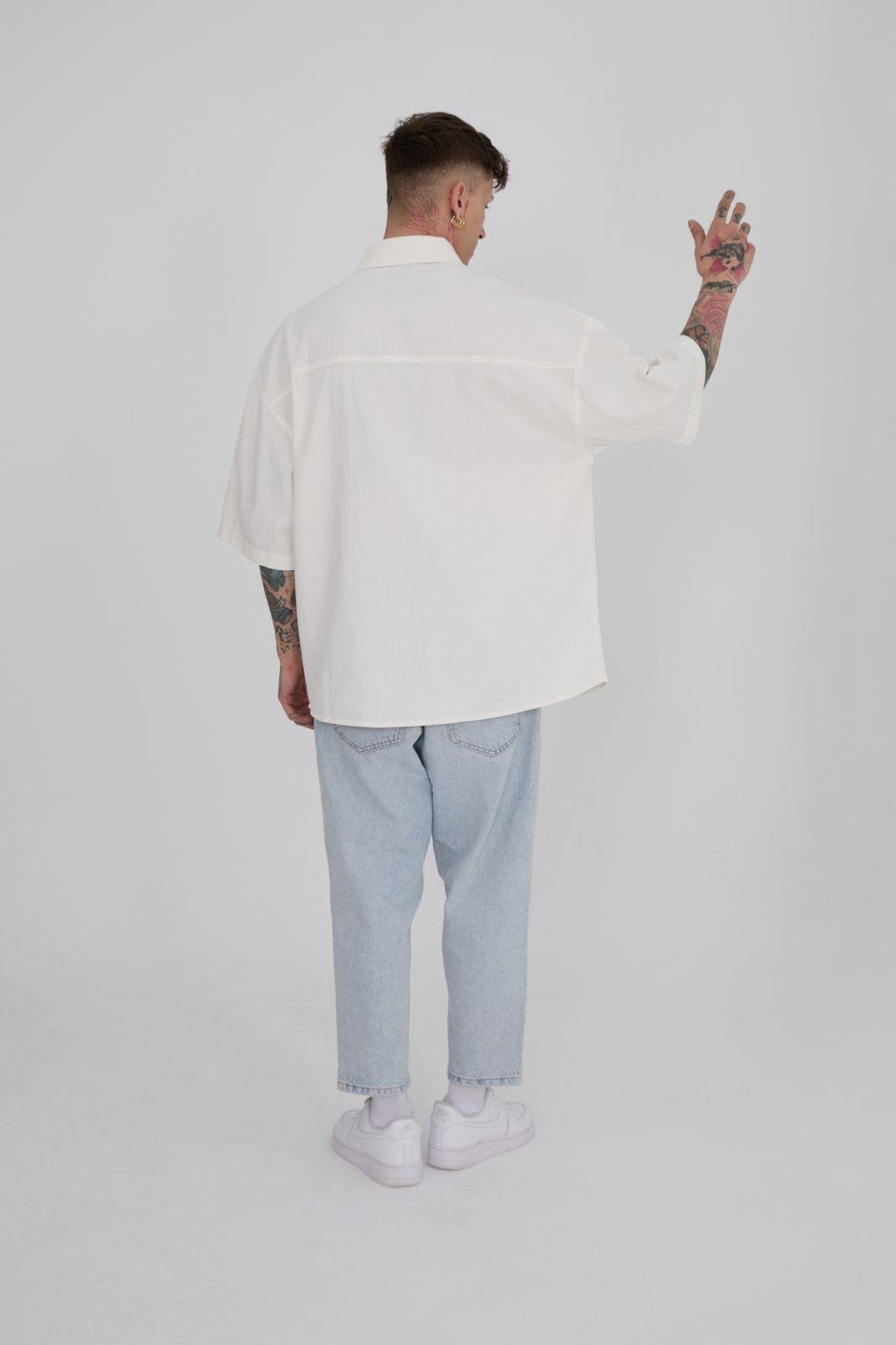Erkek Cepli Basic Oversize Beyaz Gömlek