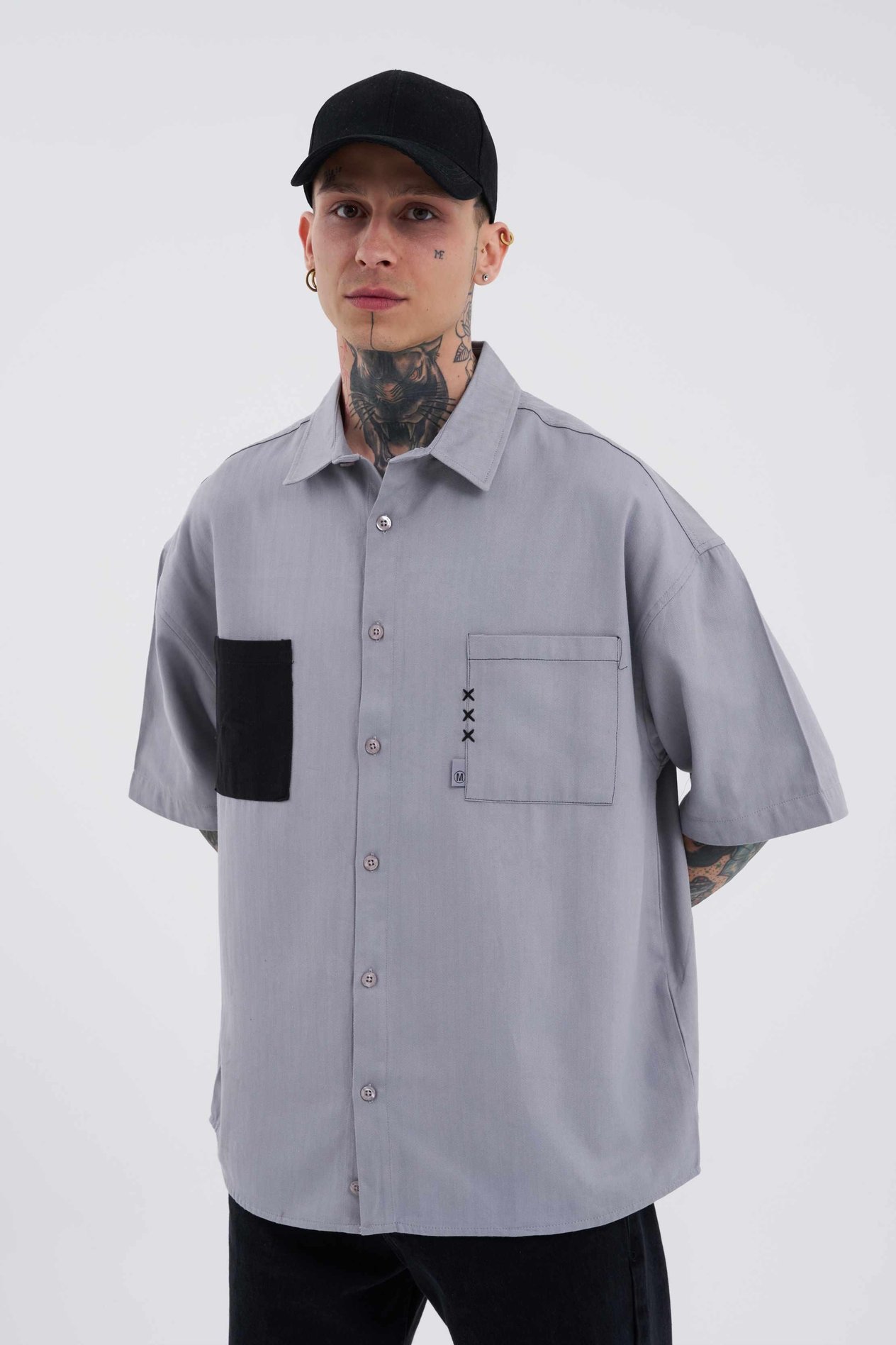Erkek Cepli Basic Oversize Gri Gömlek