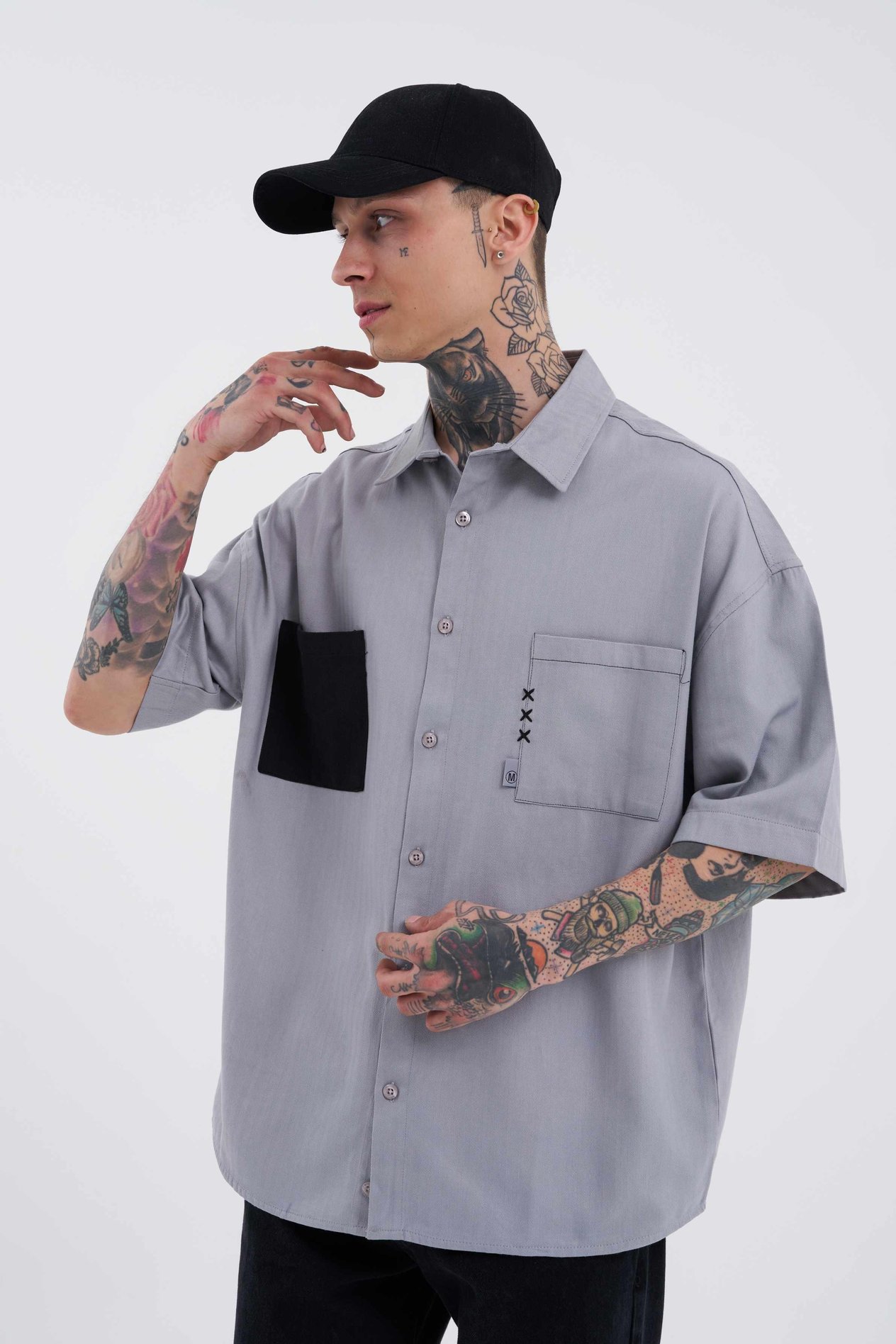 Erkek Cepli Basic Oversize Gri Gömlek