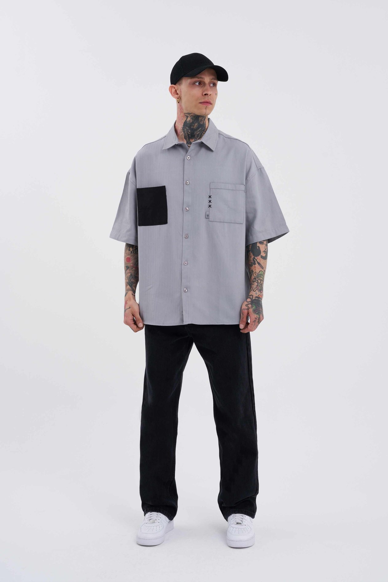 Erkek Cepli Basic Oversize Gri Gömlek