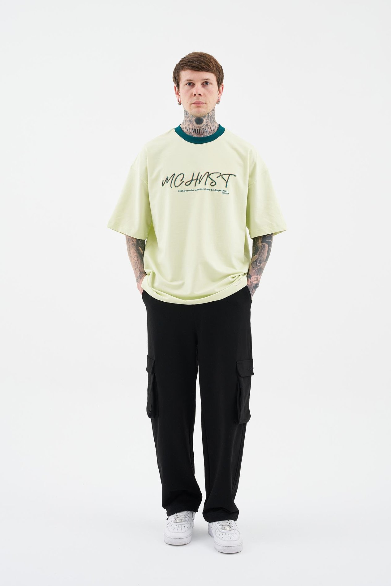 Erkek Colored And Technical Embroidered Oversize Limon Yeşili Tişört