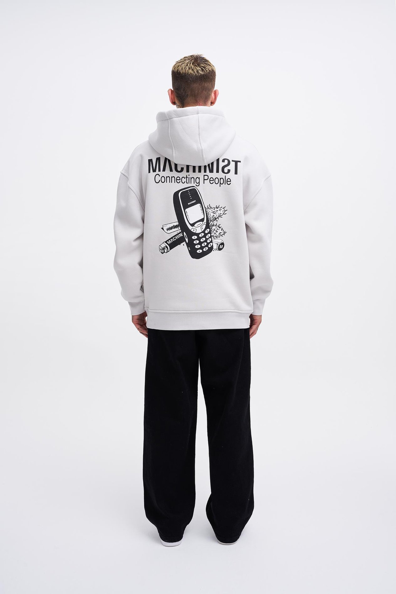 Erkek Connecting People Baskılı Kapüşonlu Açık Gri  Sweatshirt