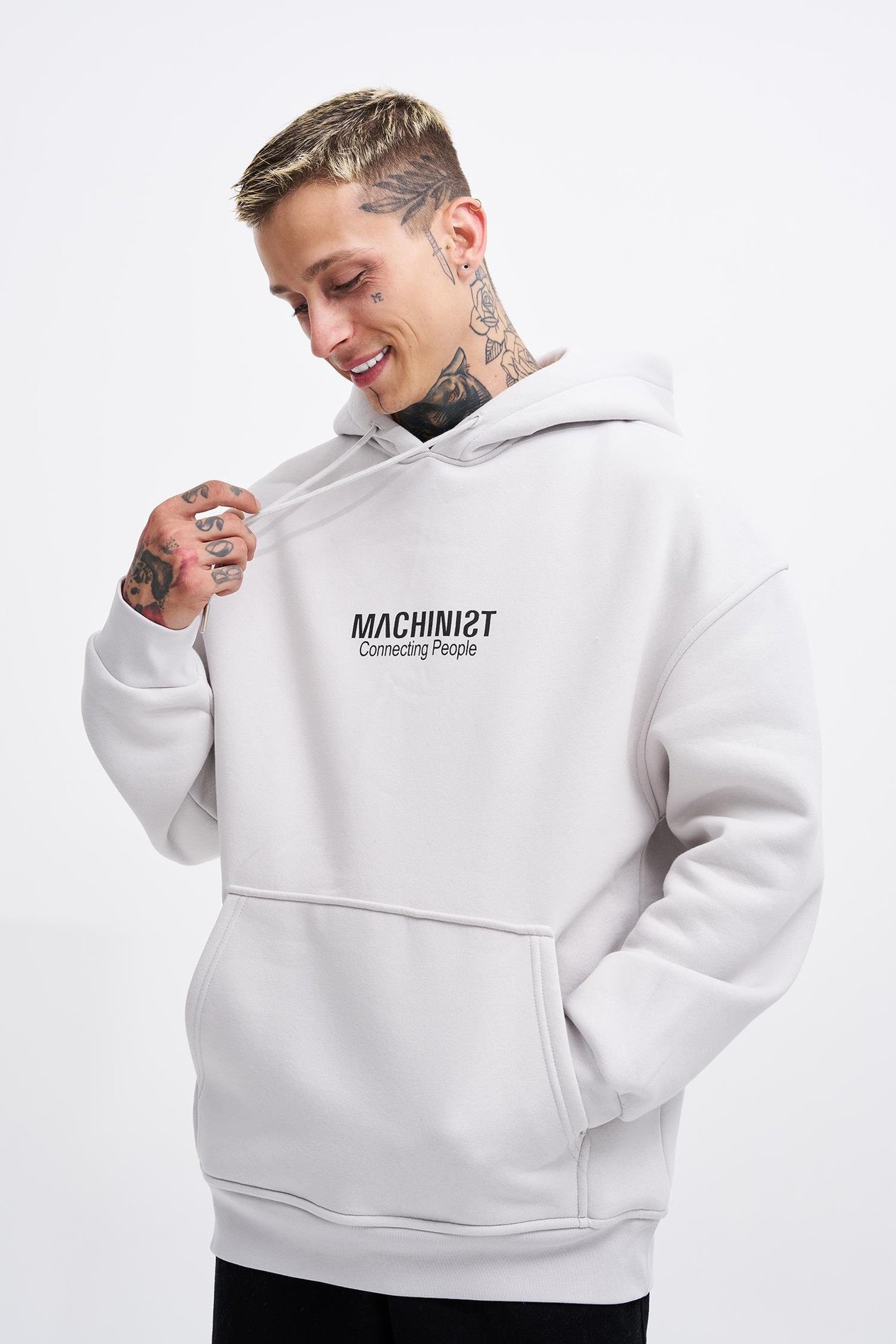 Erkek Connecting People Baskılı Kapüşonlu Açık Gri  Sweatshirt