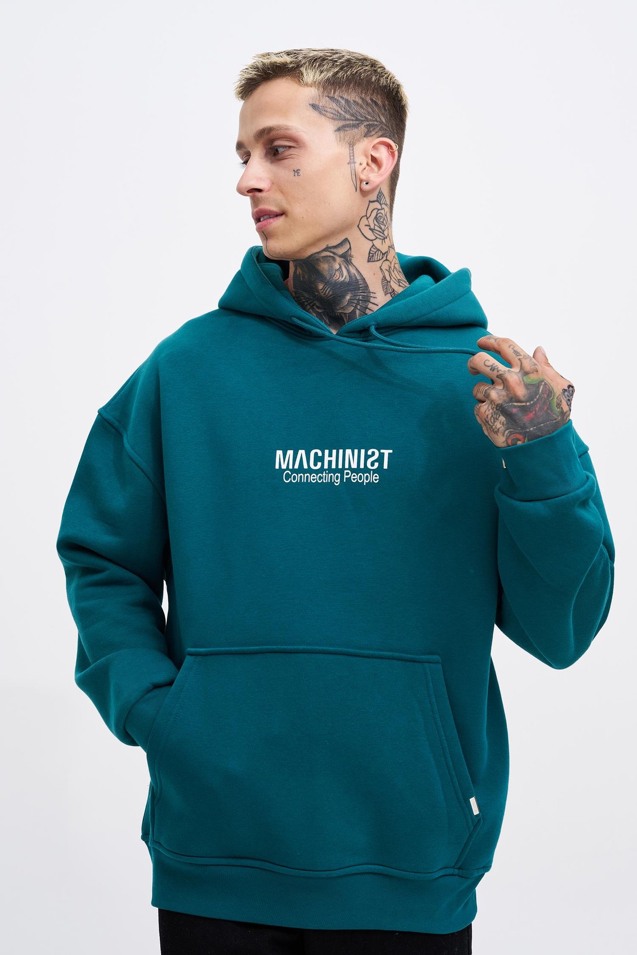 Erkek Connecting People Baskılı Kapüşonlu Petrol Yeşili  Sweatshirt