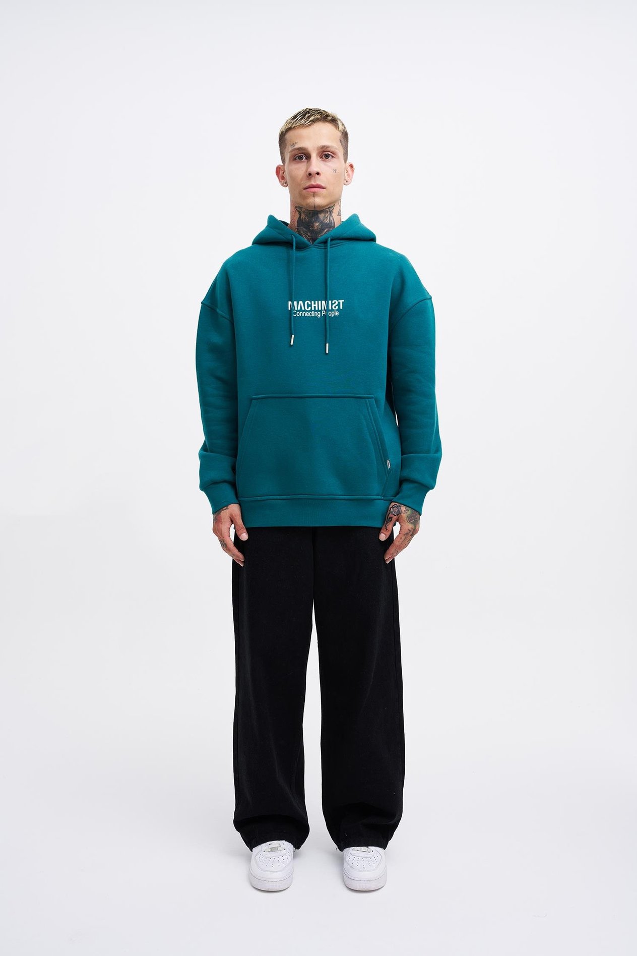 Erkek Connecting People Baskılı Kapüşonlu Petrol Yeşili  Sweatshirt