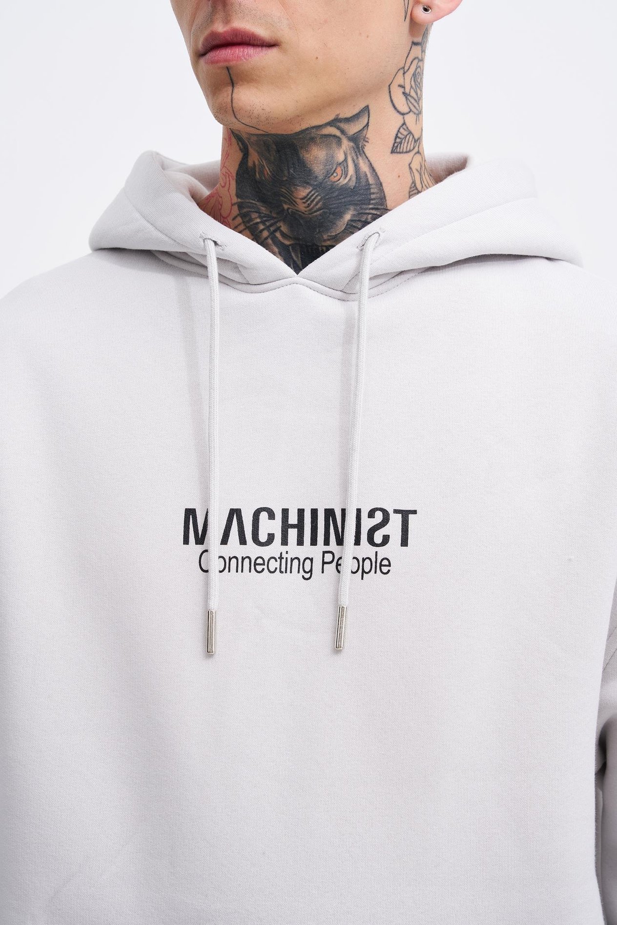 Erkek Connecting People Baskılı Kapüşonlu Açık Gri  Sweatshirt