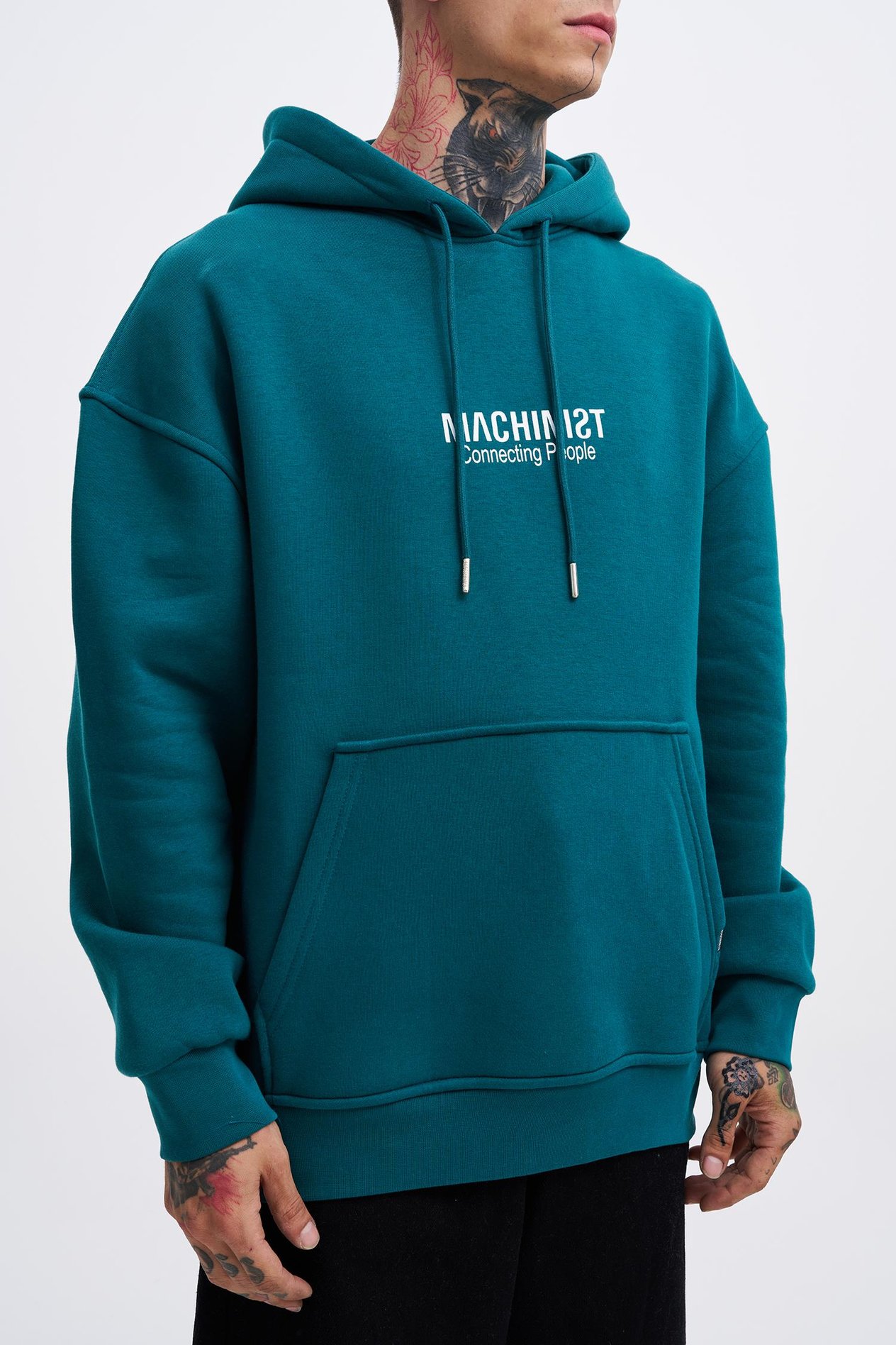 Erkek Connecting People Baskılı Kapüşonlu Petrol Yeşili  Sweatshirt