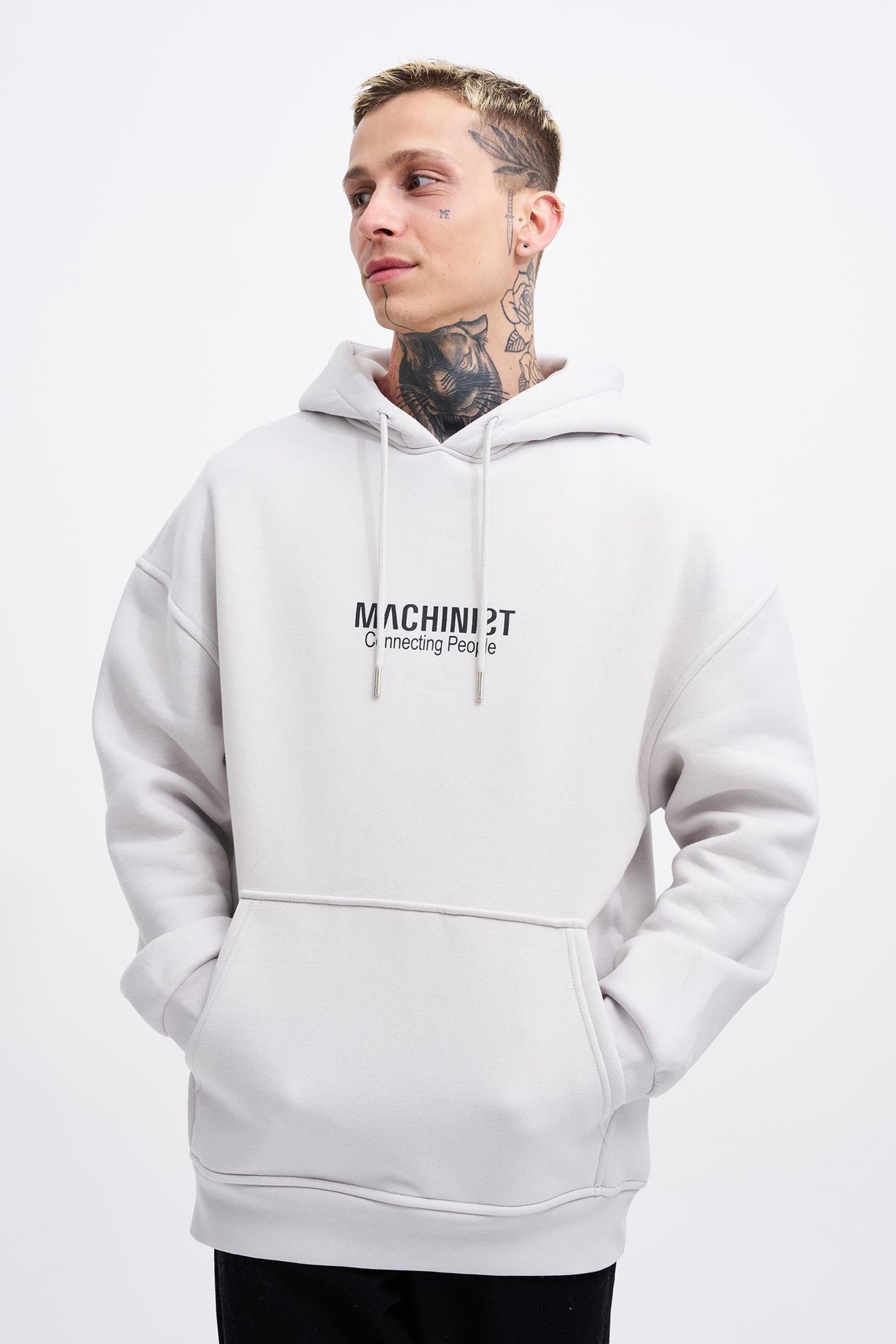 Erkek Connecting People Baskılı Kapüşonlu Açık Gri  Sweatshirt