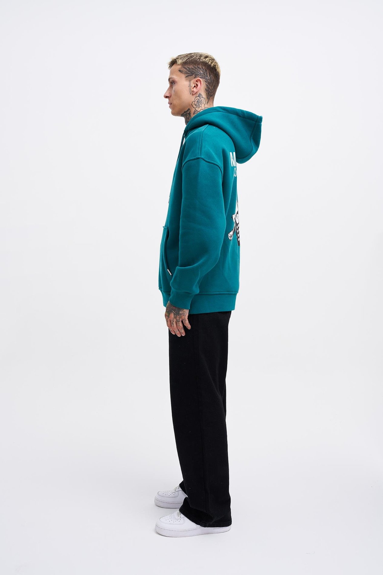 Erkek Connecting People Baskılı Kapüşonlu Petrol Yeşili  Sweatshirt