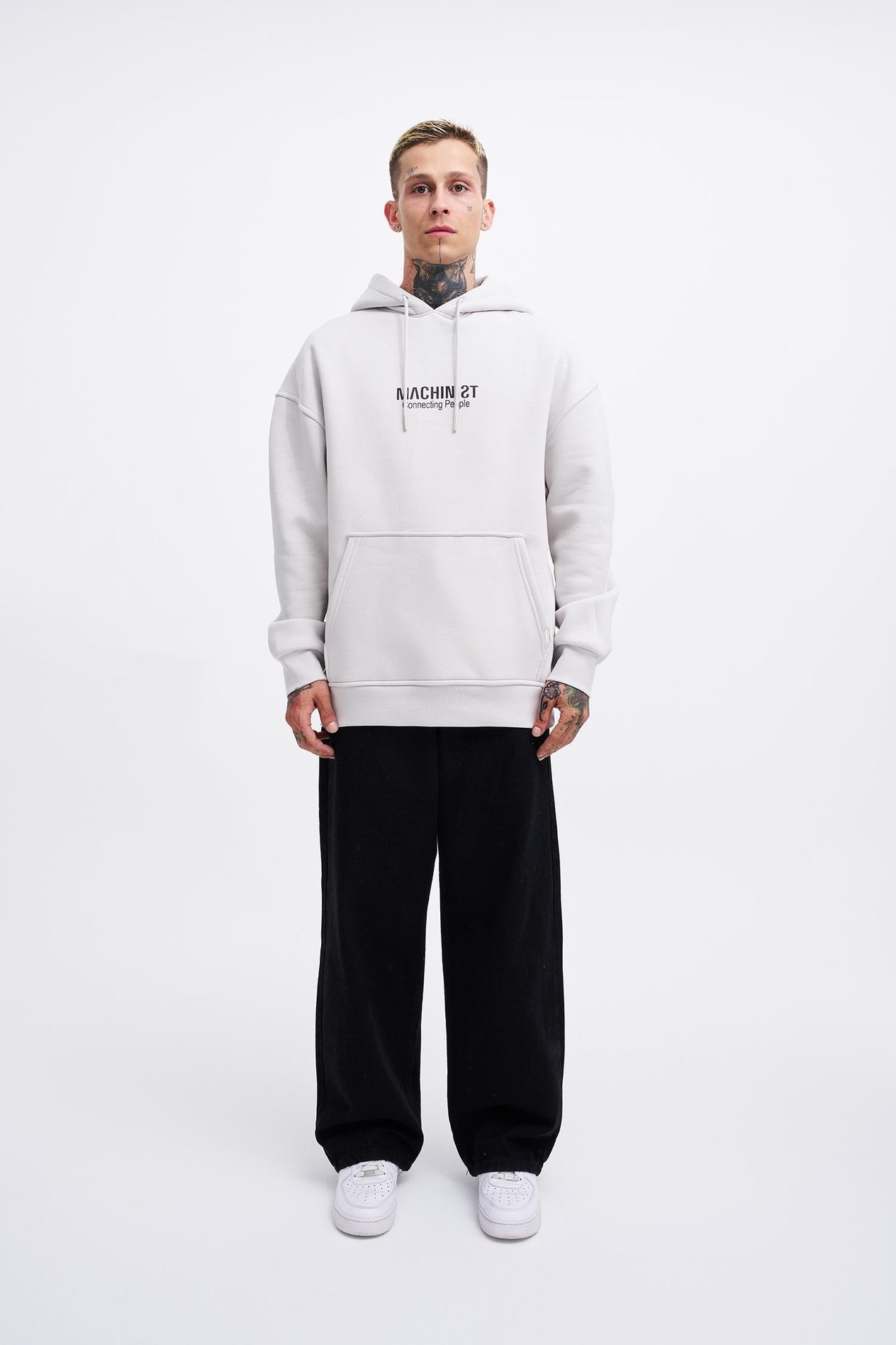 Erkek Connecting People Baskılı Kapüşonlu Açık Gri  Sweatshirt