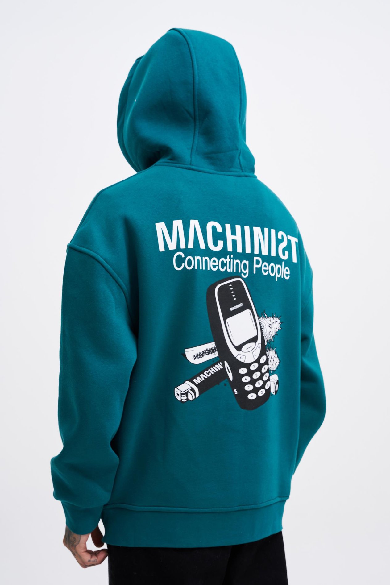 Erkek Connecting People Baskılı Kapüşonlu Petrol Yeşili  Sweatshirt