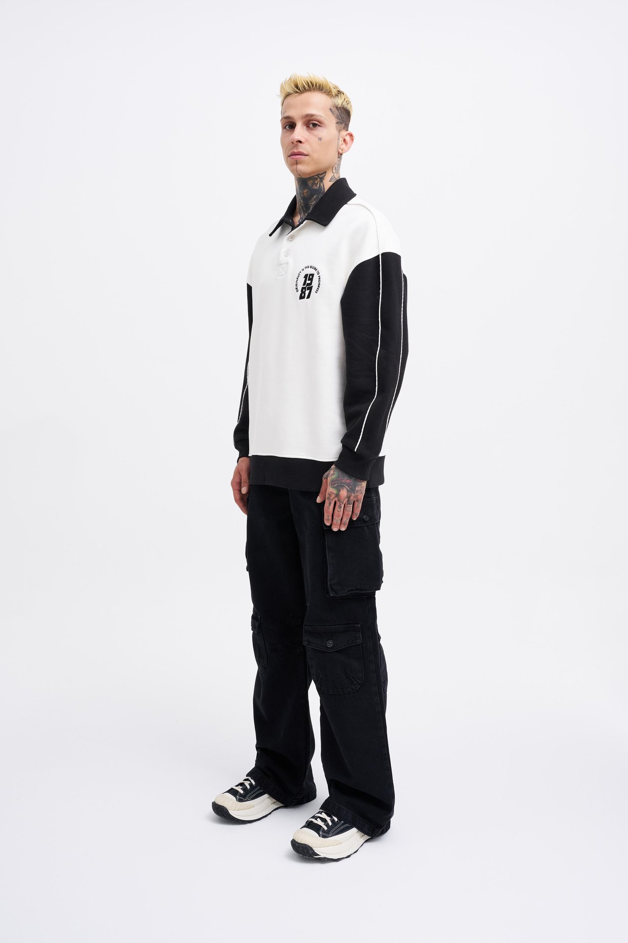 Erkek Contrast and Piped Polo Sweatshirt ECRU-BLACK