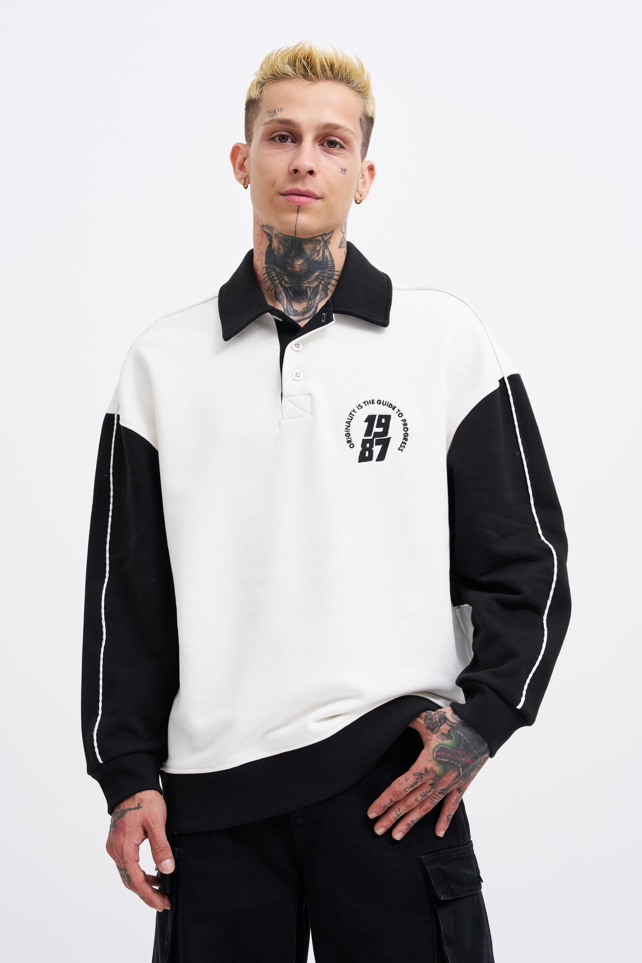 Erkek Contrast and Piped Polo Sweatshirt ECRU-BLACK