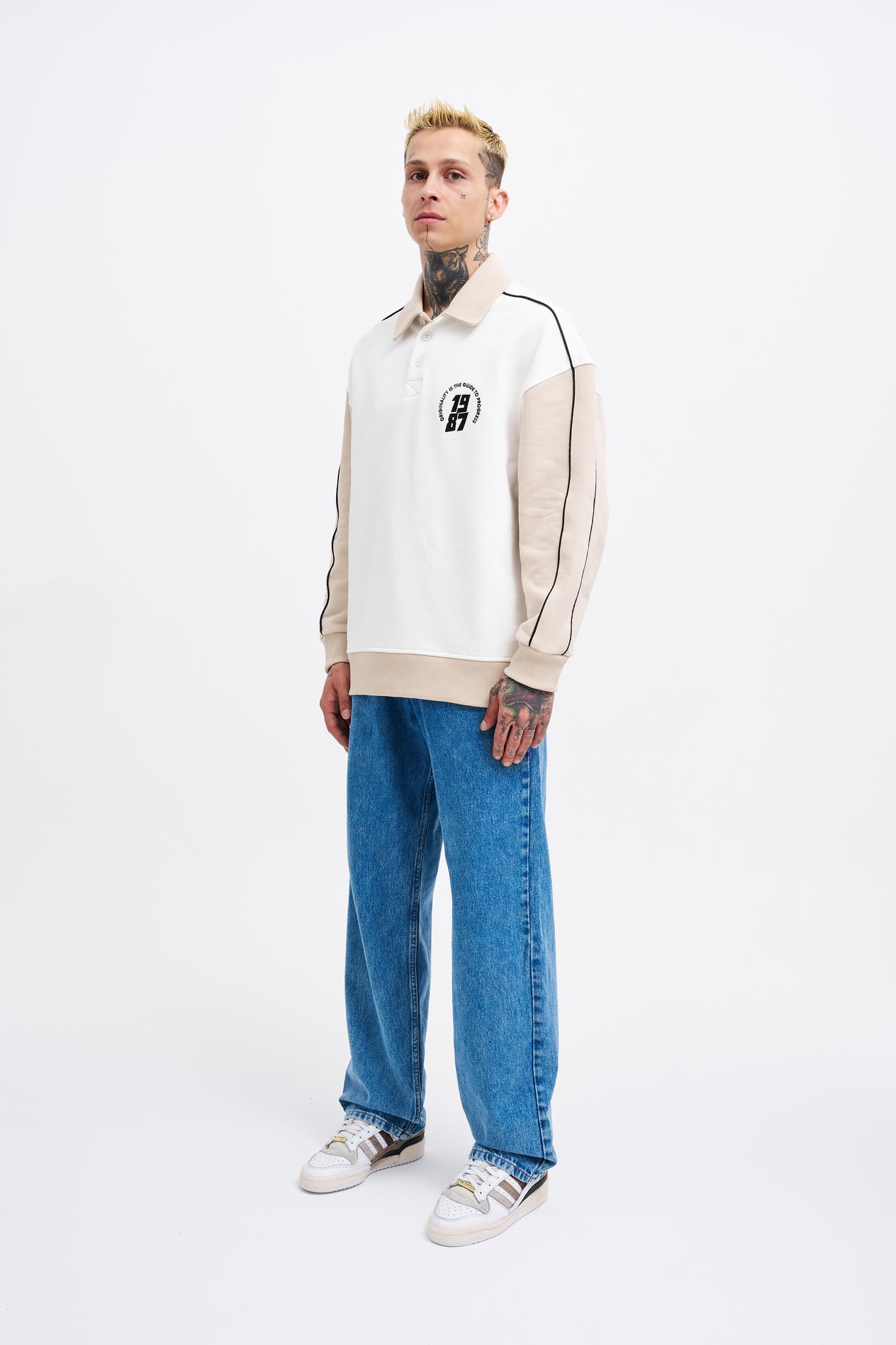 Erkek Contrast and Piped Polo Sweatshirt ECRU-SOFT BEIGE