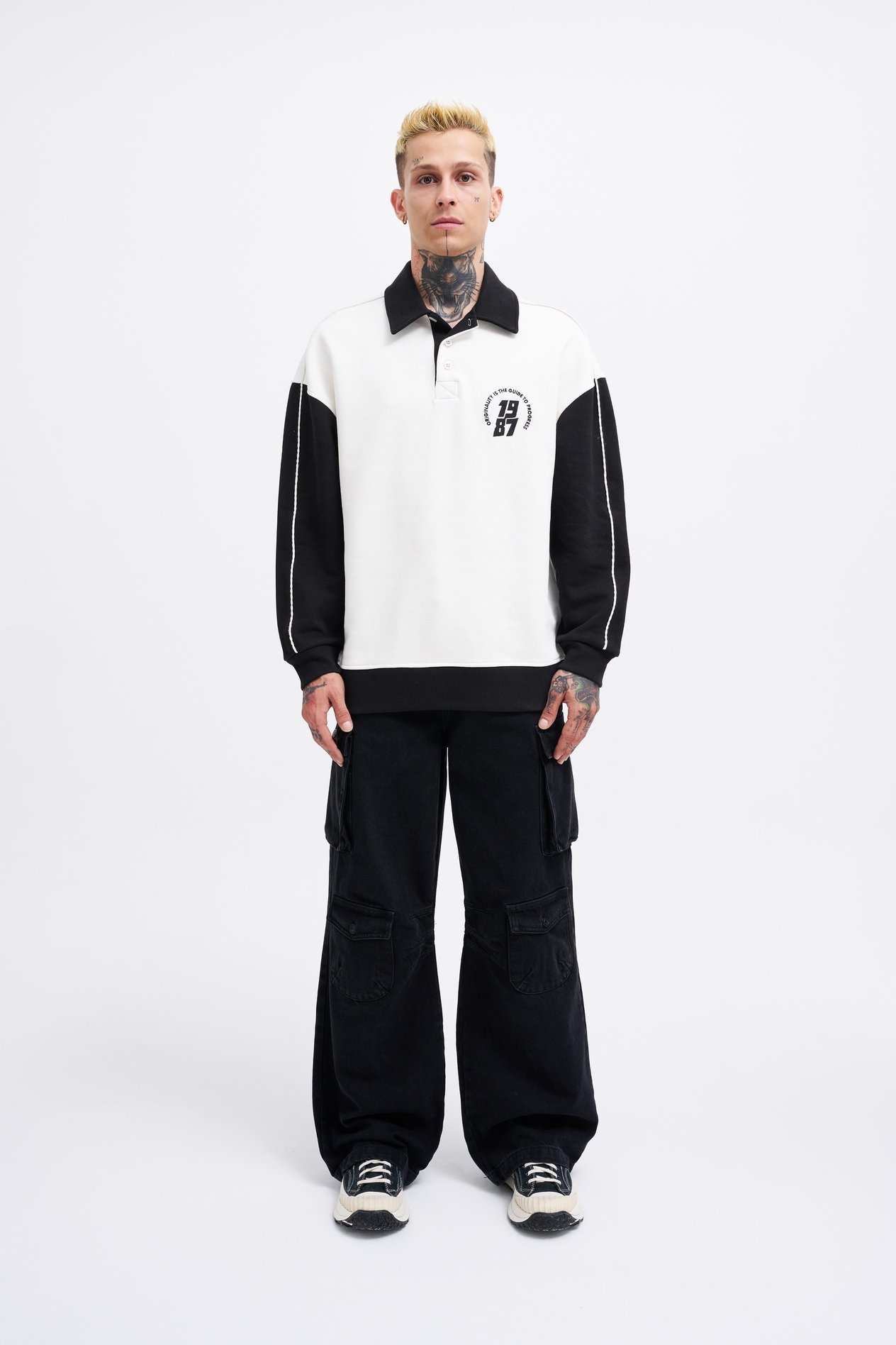 Erkek Contrast and Piped Polo Sweatshirt ECRU-BLACK