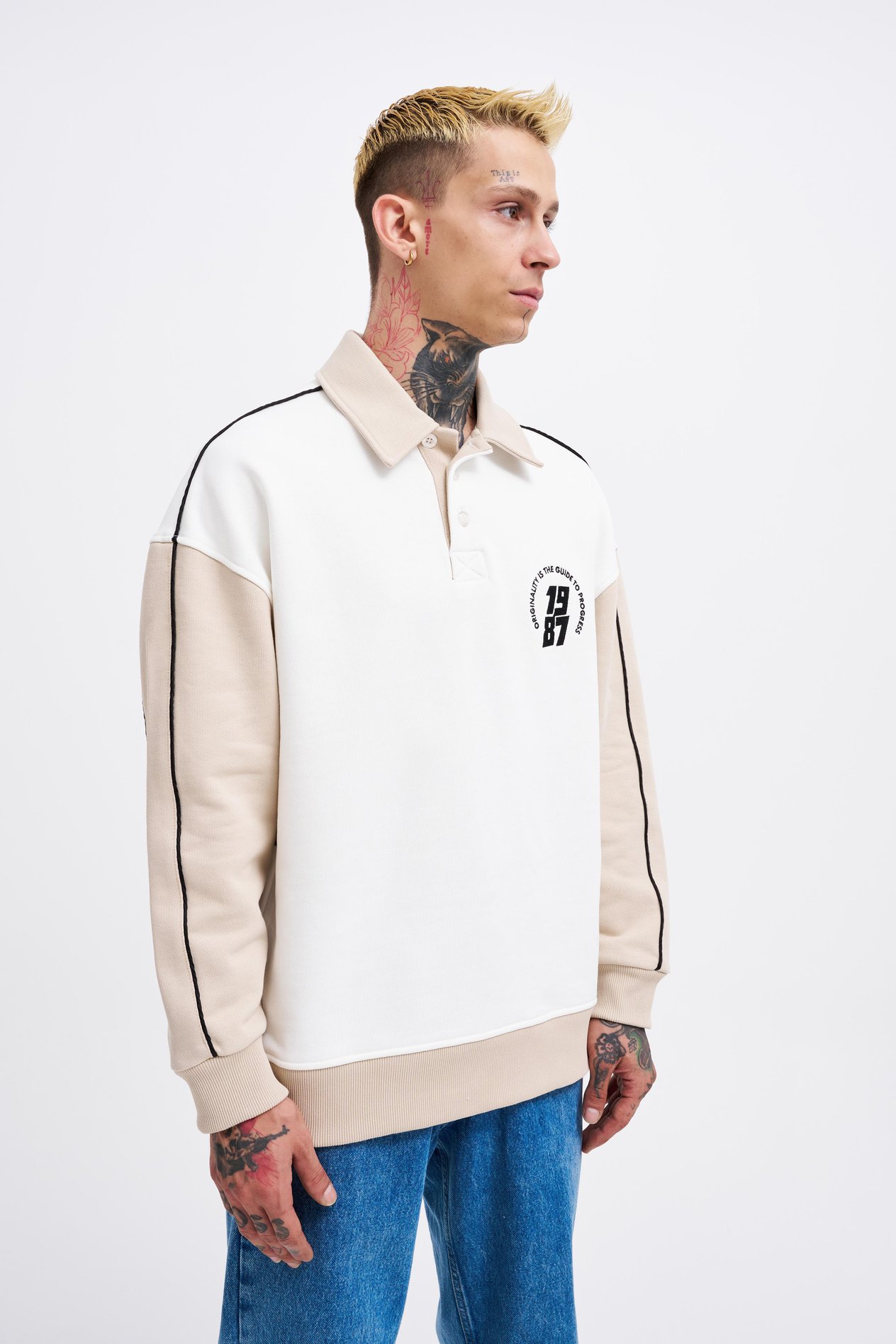 Erkek Contrast and Piped Polo Sweatshirt ECRU-SOFT BEIGE