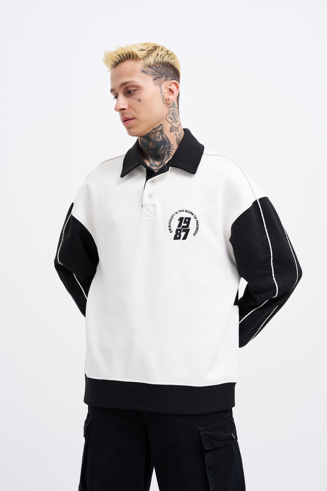 Erkek Contrast and Piped Polo Sweatshirt ECRU-BLACK