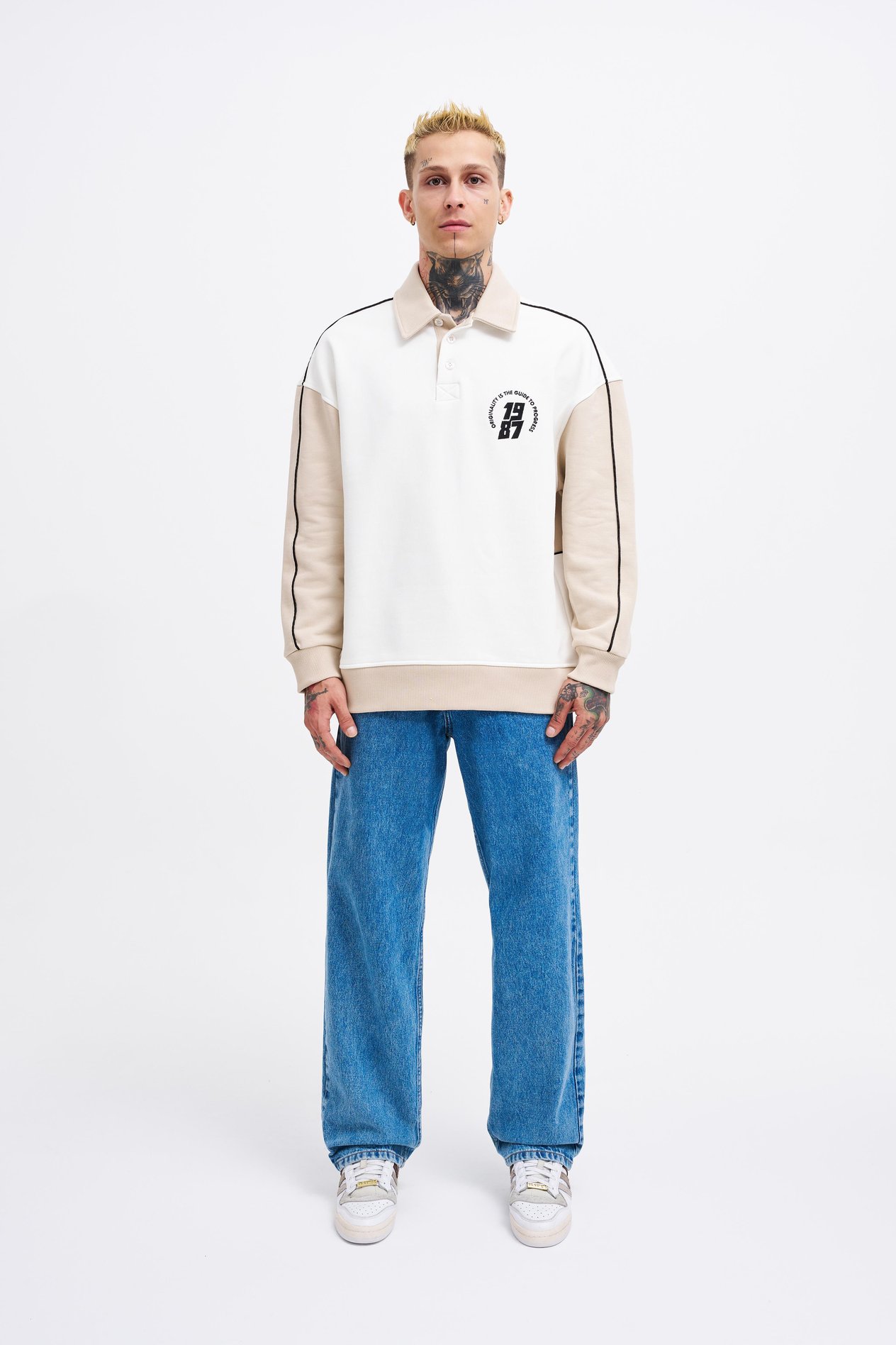 Erkek Contrast and Piped Polo Sweatshirt ECRU-SOFT BEIGE