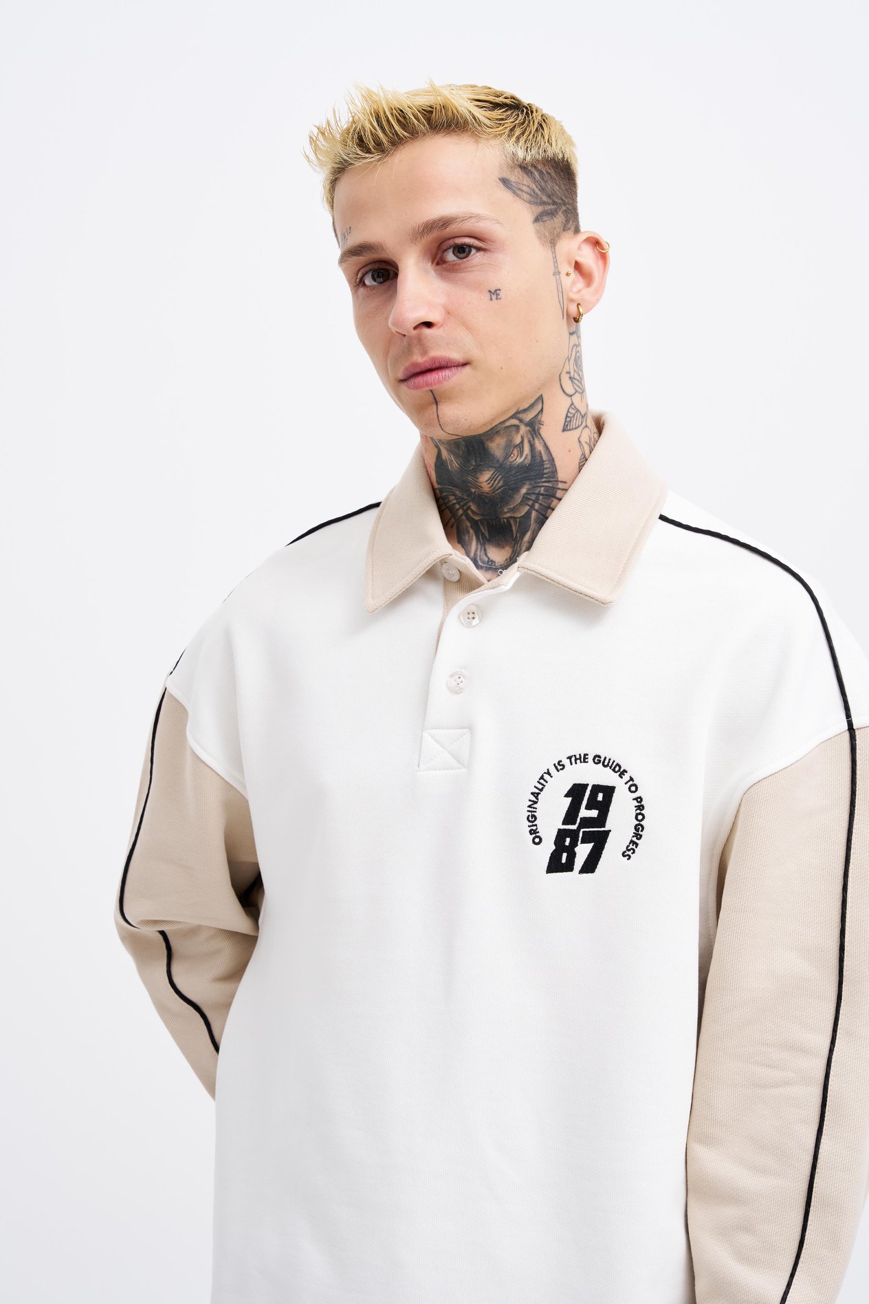 Erkek Contrast and Piped Polo Sweatshirt ECRU-SOFT BEIGE