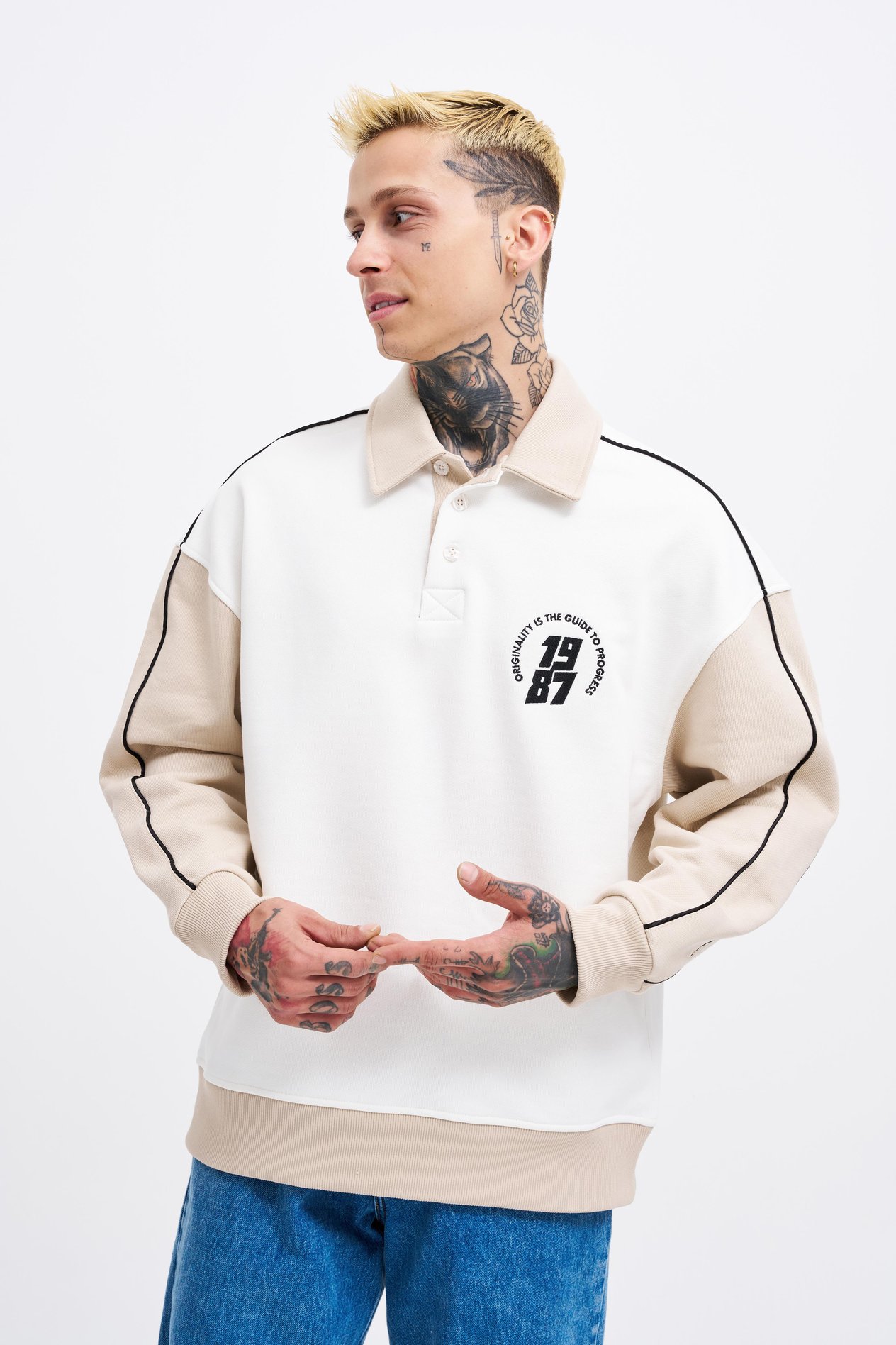 Erkek Contrast and Piped Polo Sweatshirt ECRU-SOFT BEIGE