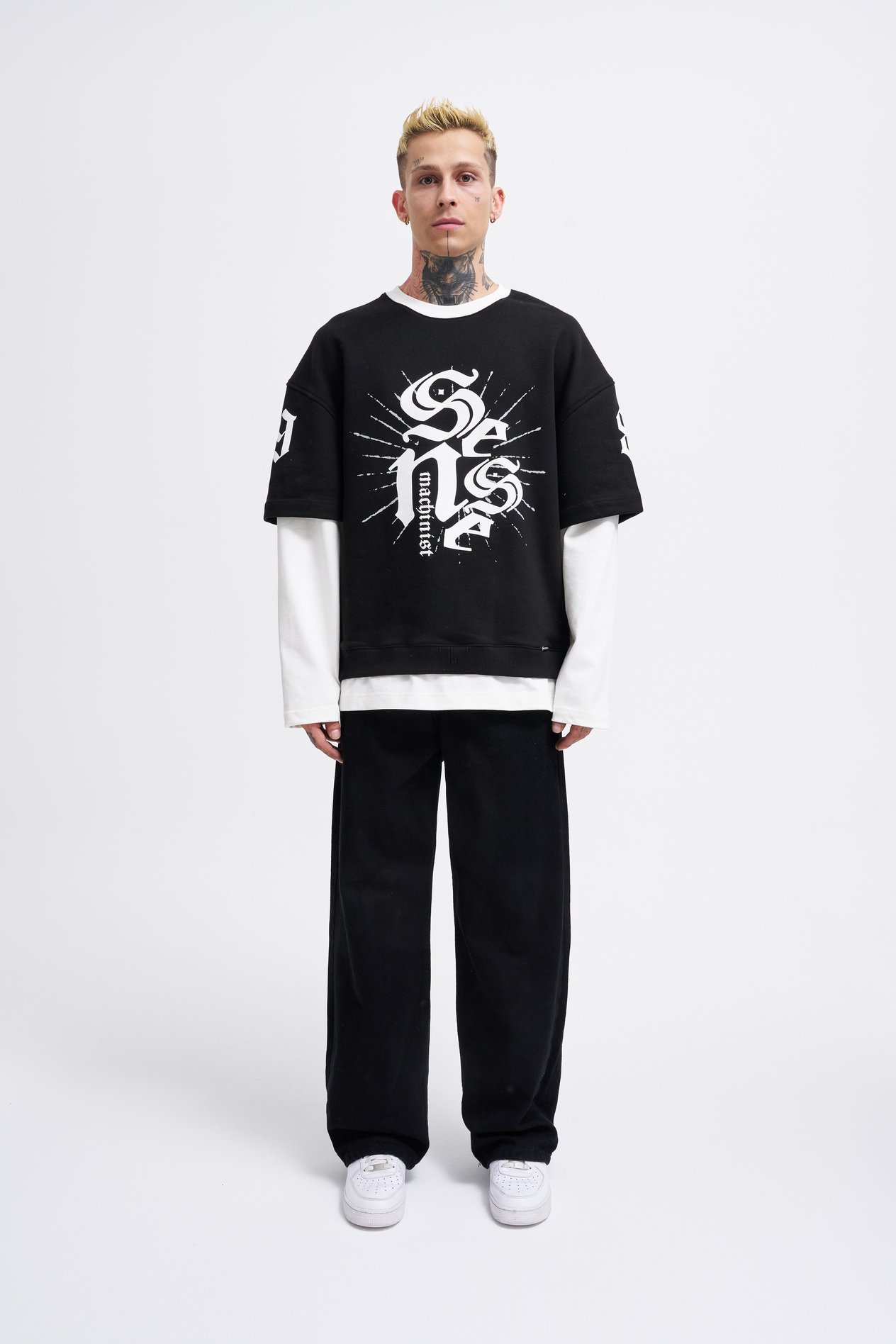 Erkek Contrast Layerd Siyah Ekru Sweatshirt