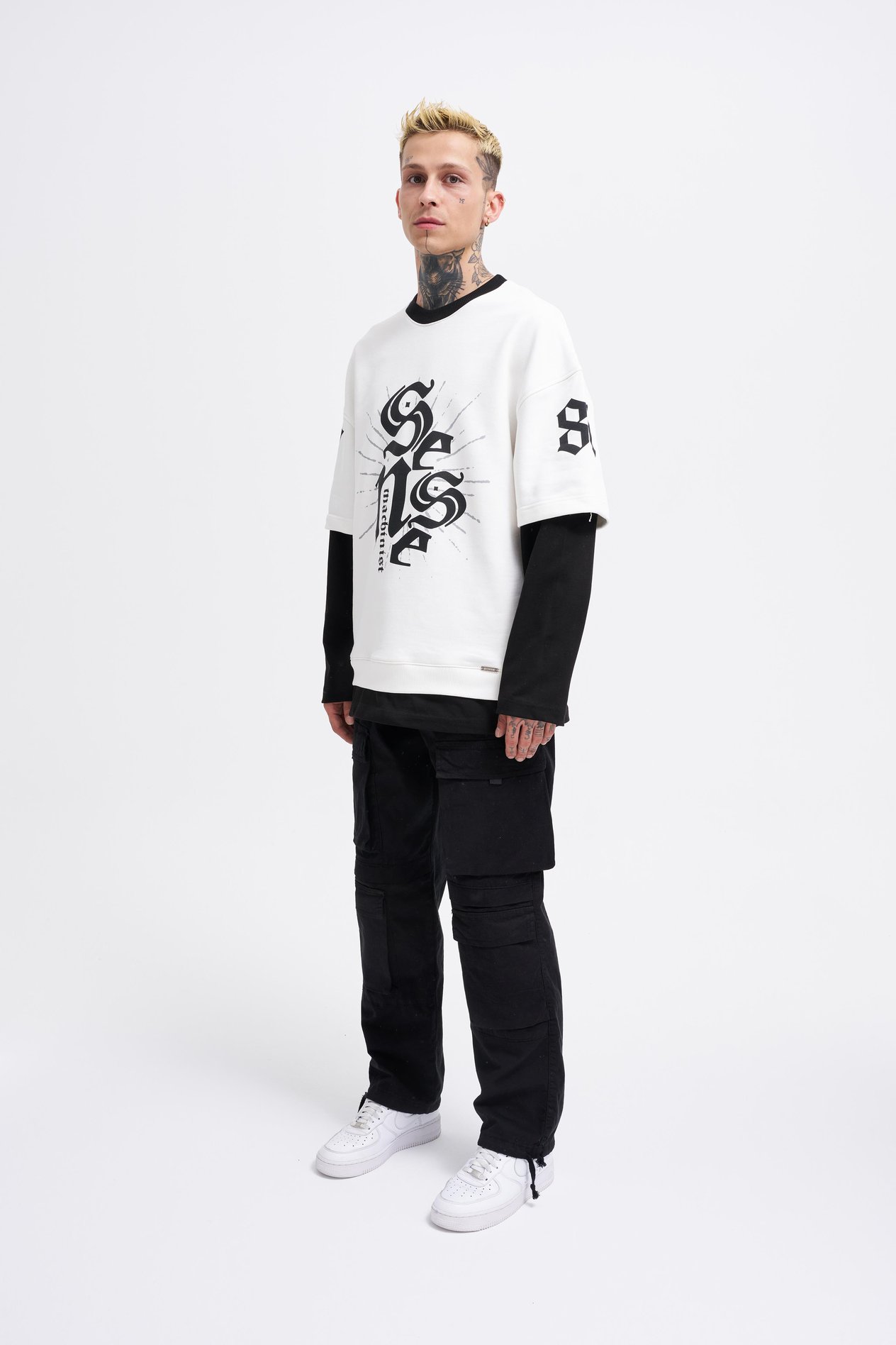 Erkek Contrast Layerd Ekru Black Sweatshirt