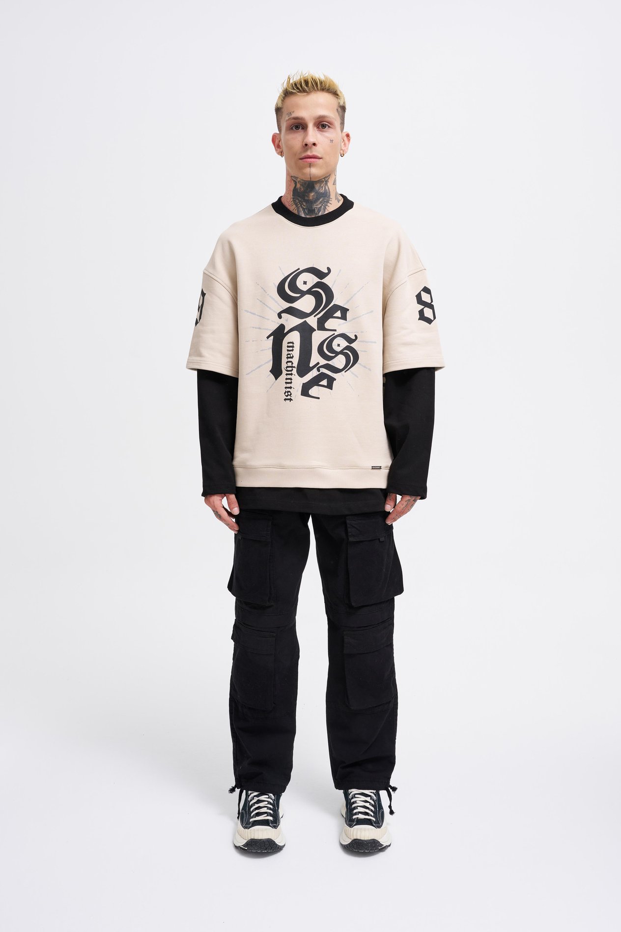 Erkek Contrast Layerd Açık Bej Siyah Sweatshirt