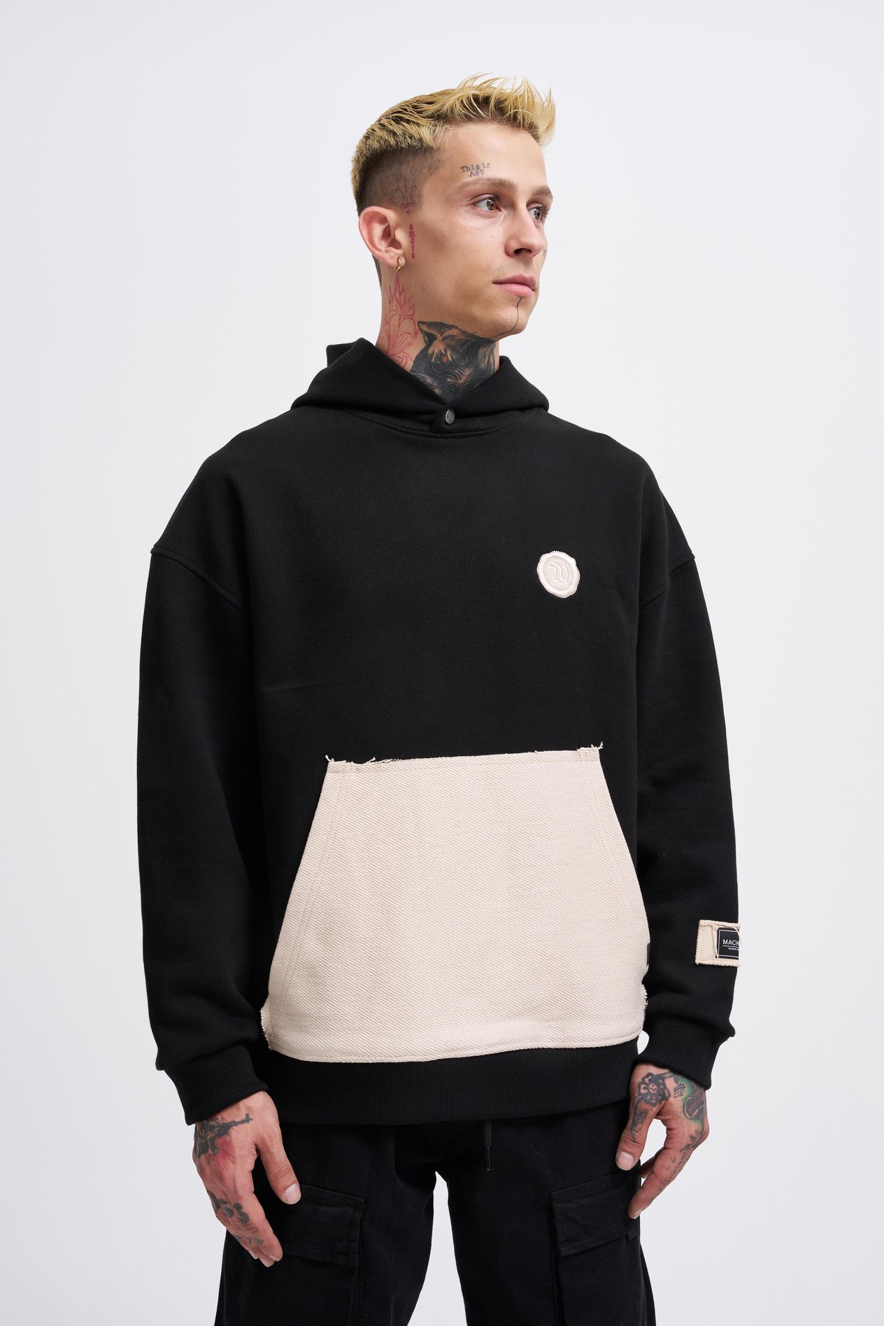 Erkek Contrast Patchwork Siyah Hoodie