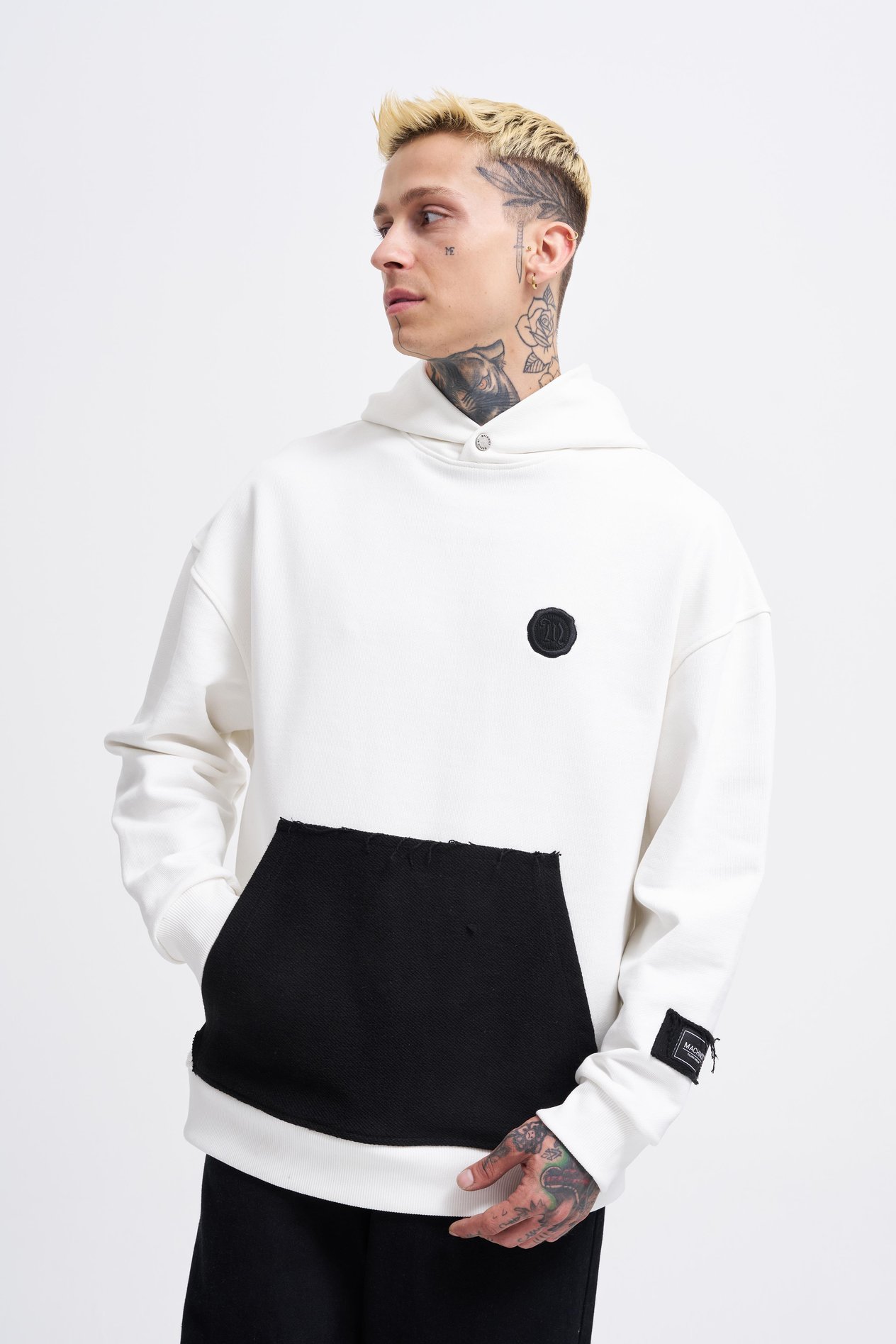 Erkek Contrast Patchwork Hoodie ECRU